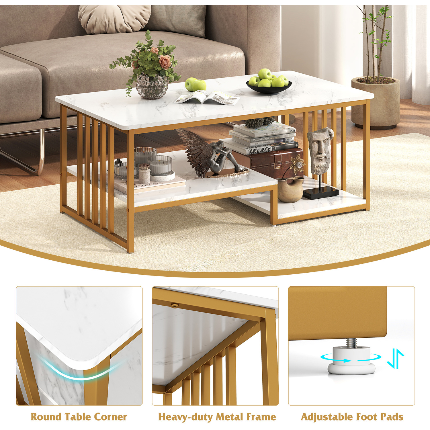 Faux Marble Coffee Table With Open Shelf - White