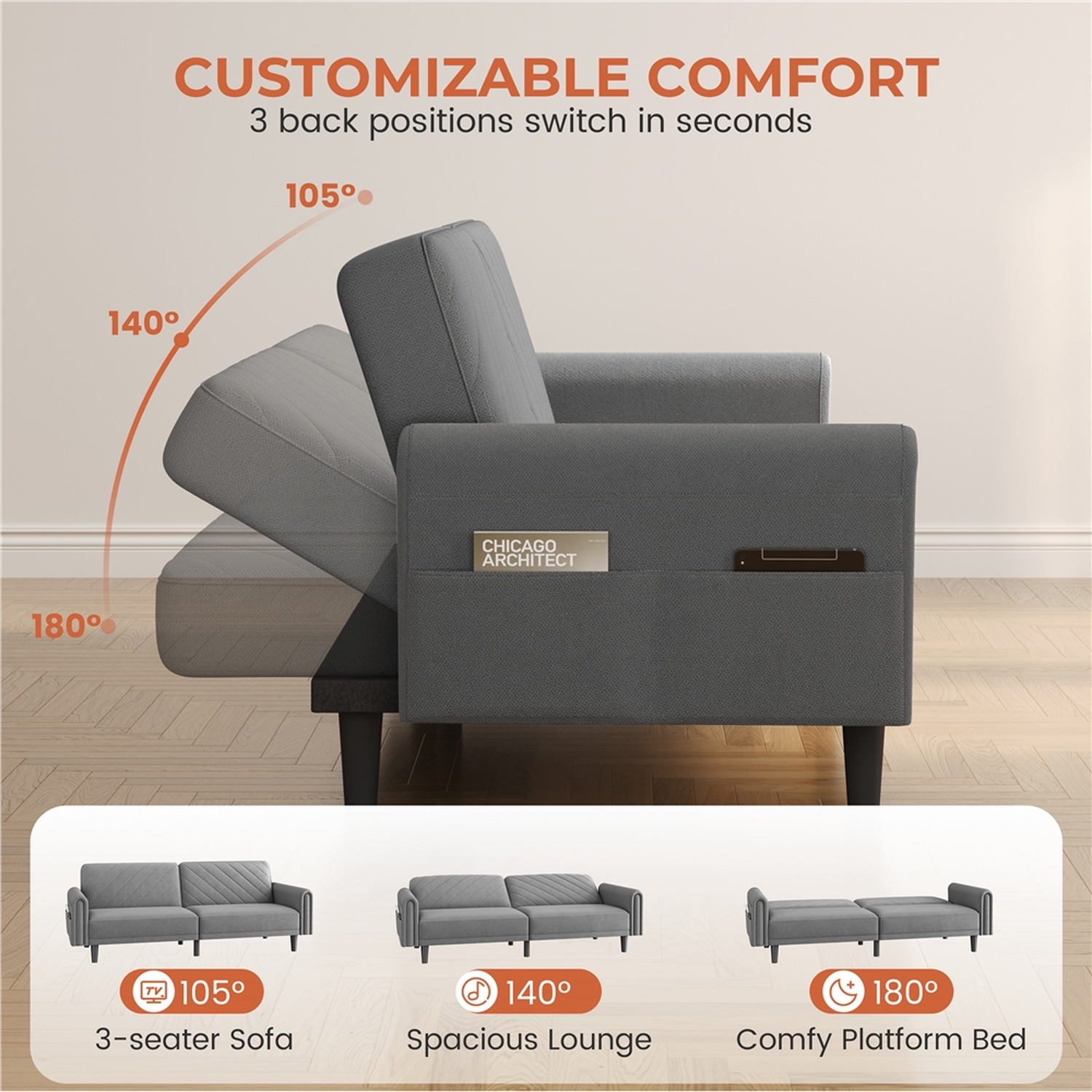 Yaheetech Modern Convertible Sofa Bed Couch Bed - Dark Grey