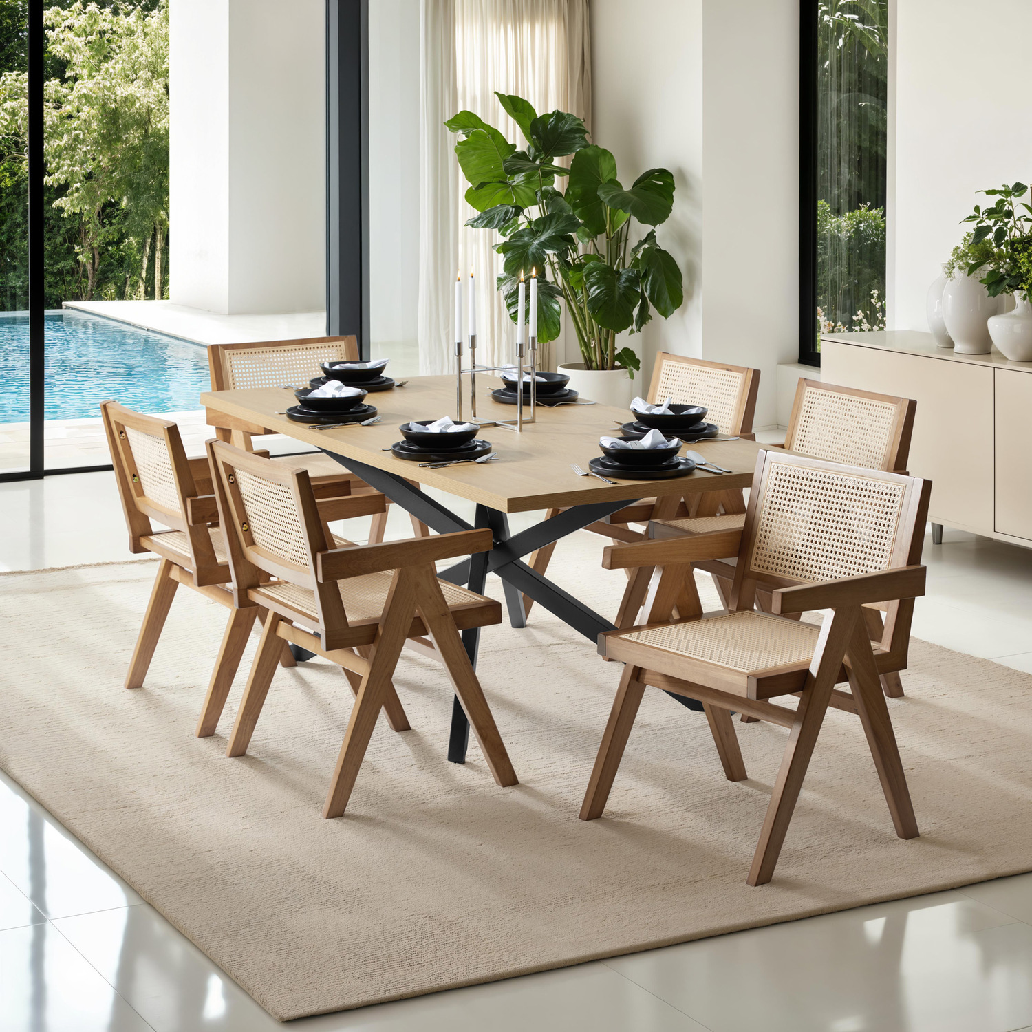 Dining Chair With Rattan Backrest And Solid Wood Frame - Light Oak 82 5cm 1