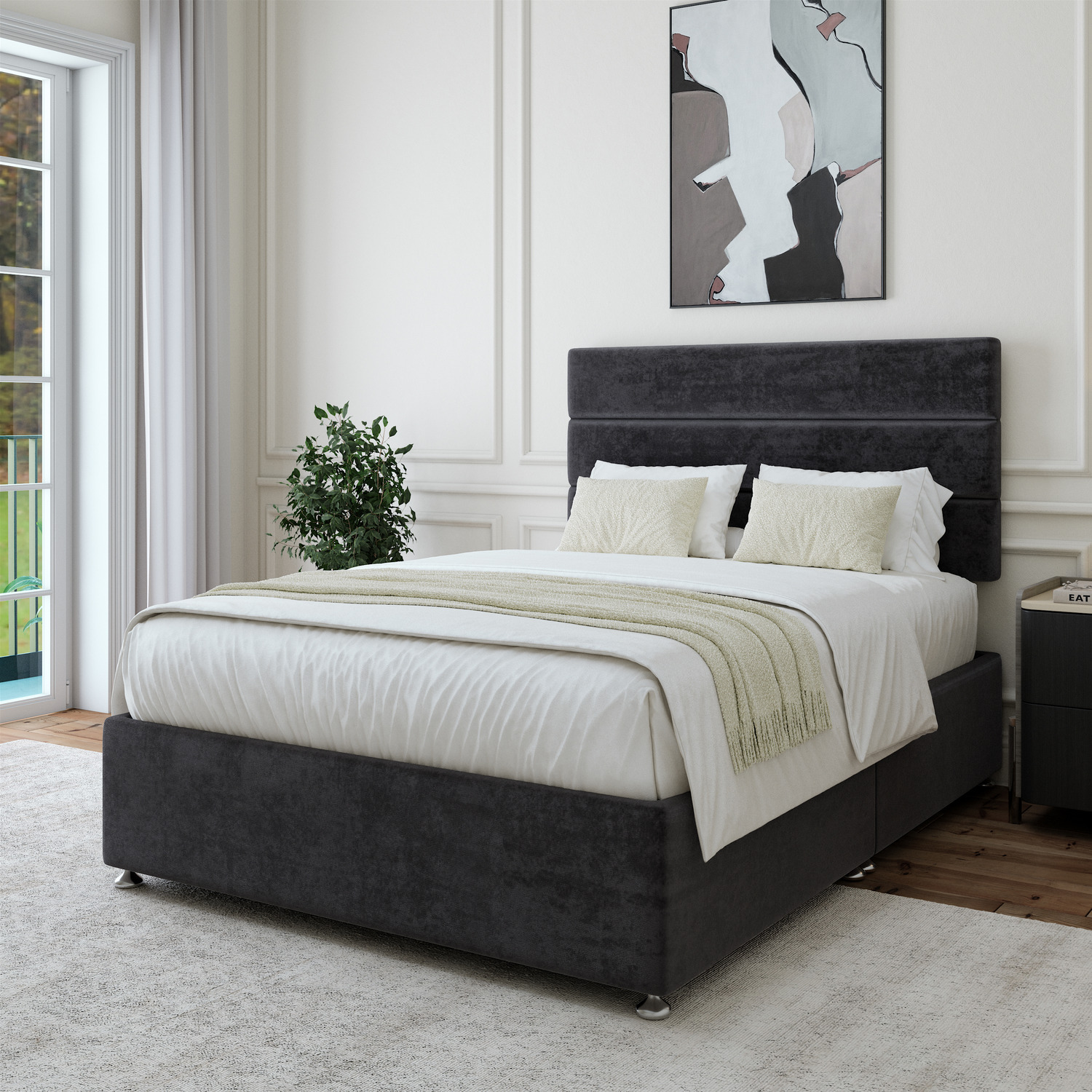 Luxury Velvet Divan Base With Storage And Lined Headboard - Colour Options - Black Small Double 30kg