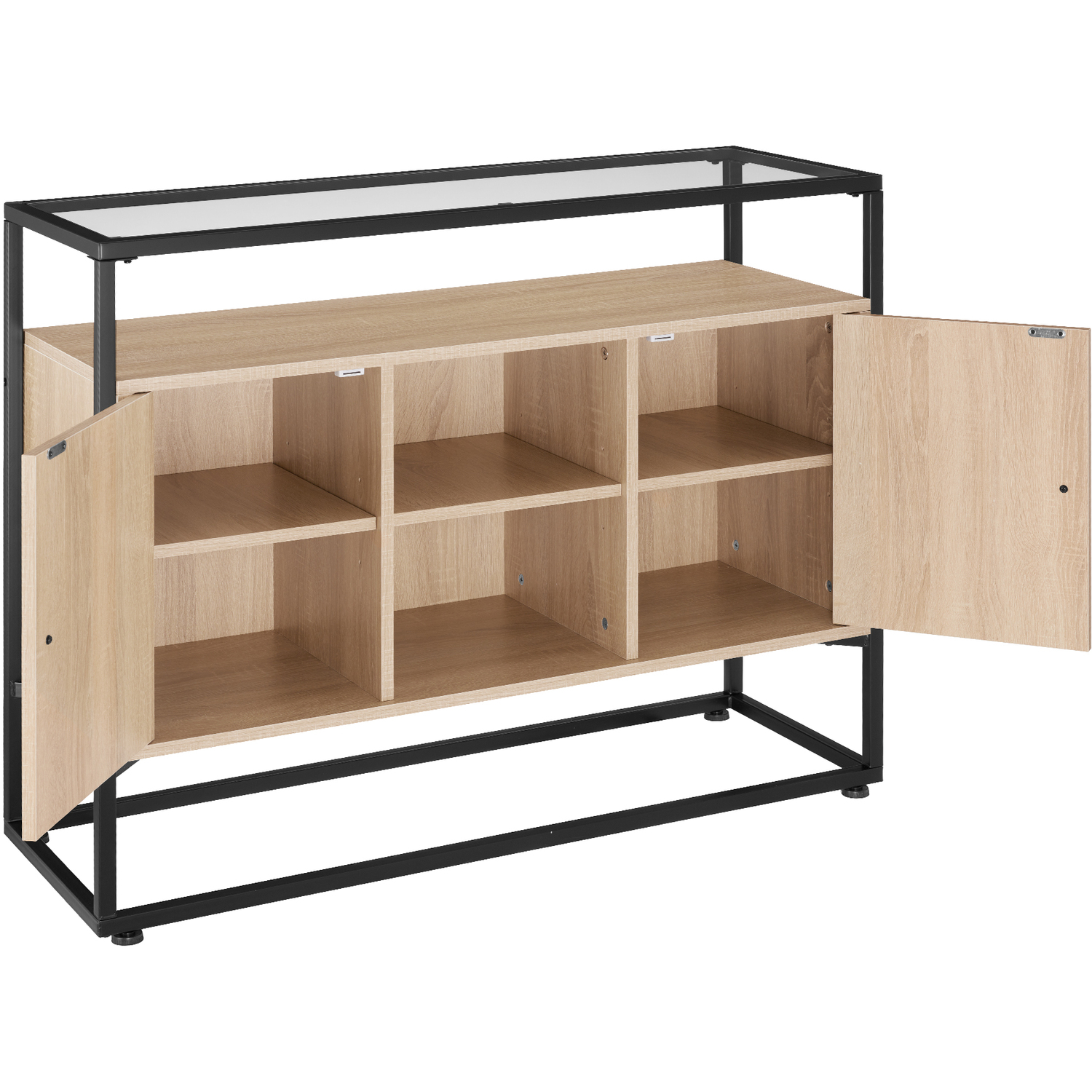 Sideboard Oldham Glass Top Open Shelves 2 Storage Compartments - Industrial Wood Light Oak Sonoma