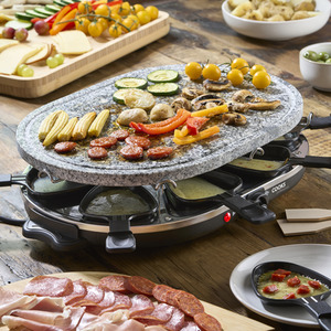 Electric Raclette Grill 1200W with Stone Plate, Fondue Pans  Spatulas