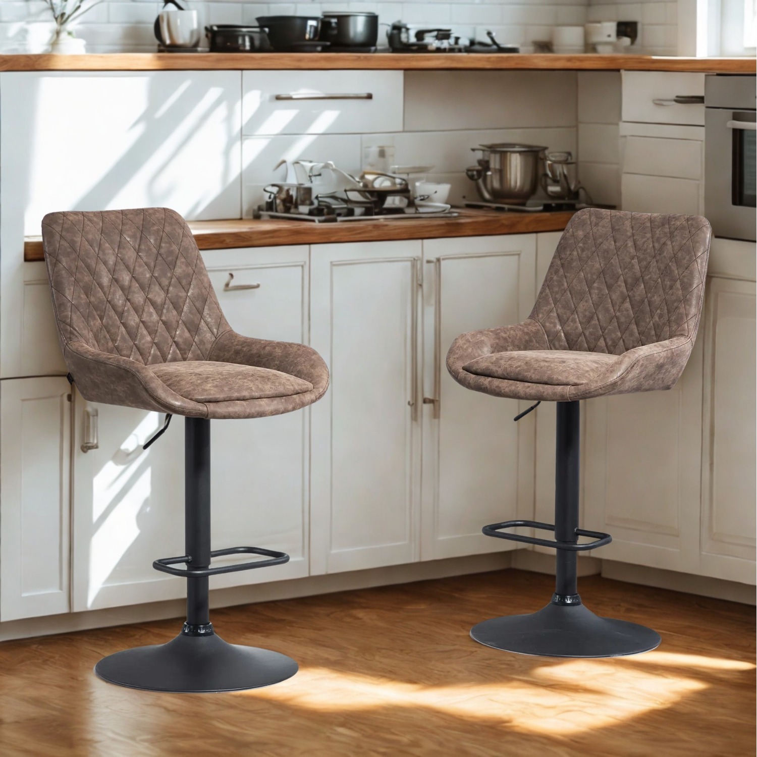 Set Of 2 Modern Faux Leather Bar Stools With Footrest - Coffee Brown