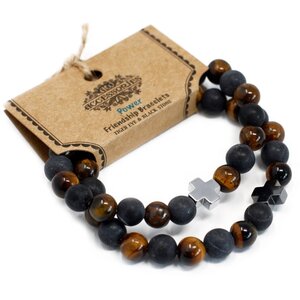 Set of 2 Power Gemstone Friendship Bracelets - Tiger Eye  Black Stone