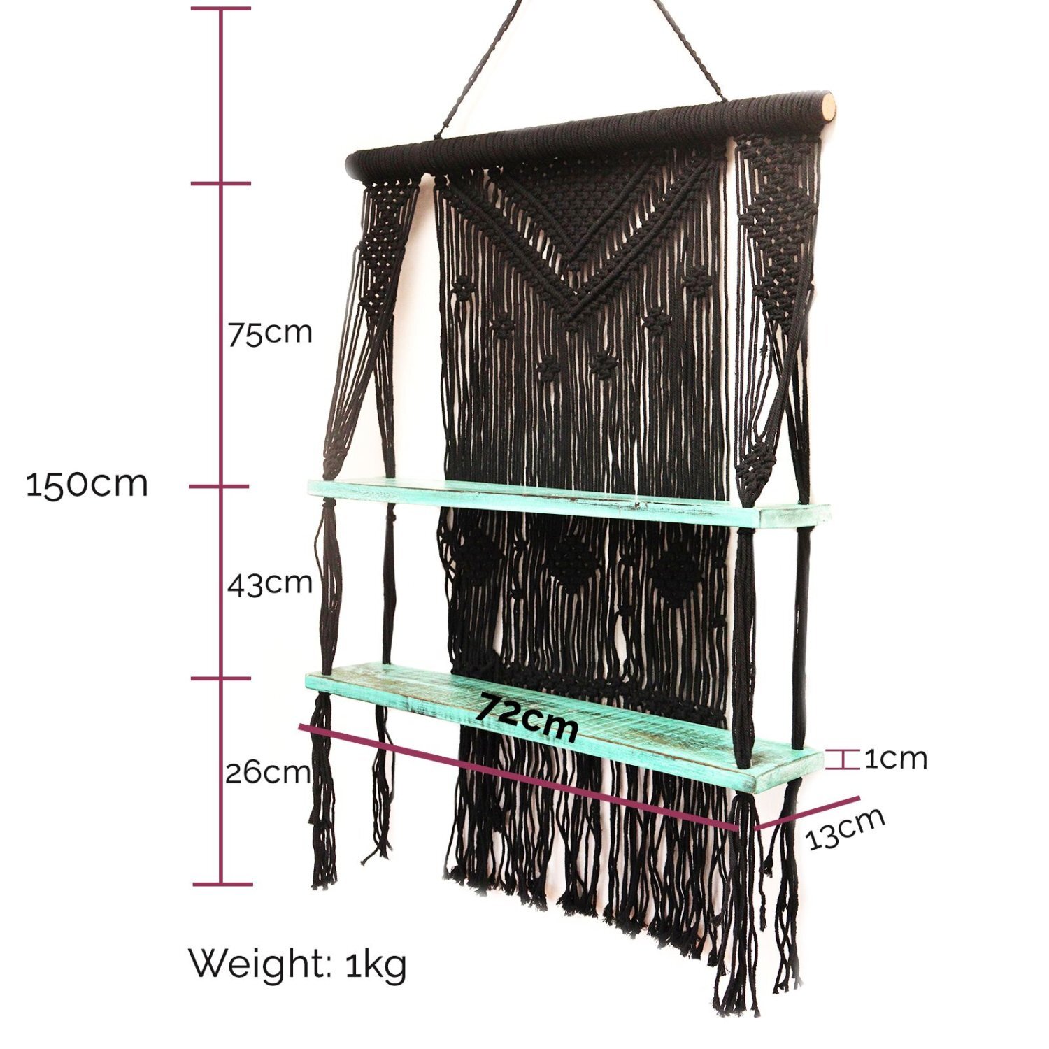Natural Blue Macrame Hanging Shelves For Home Office Decor - Blue