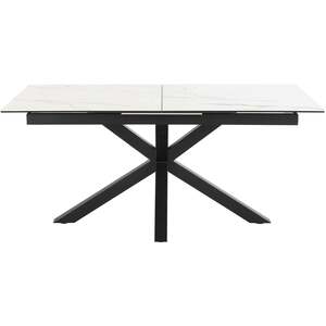 Perth 168–210cm White Marble-Effect Ceramic Extendable Dining Table with Black Metal Legs