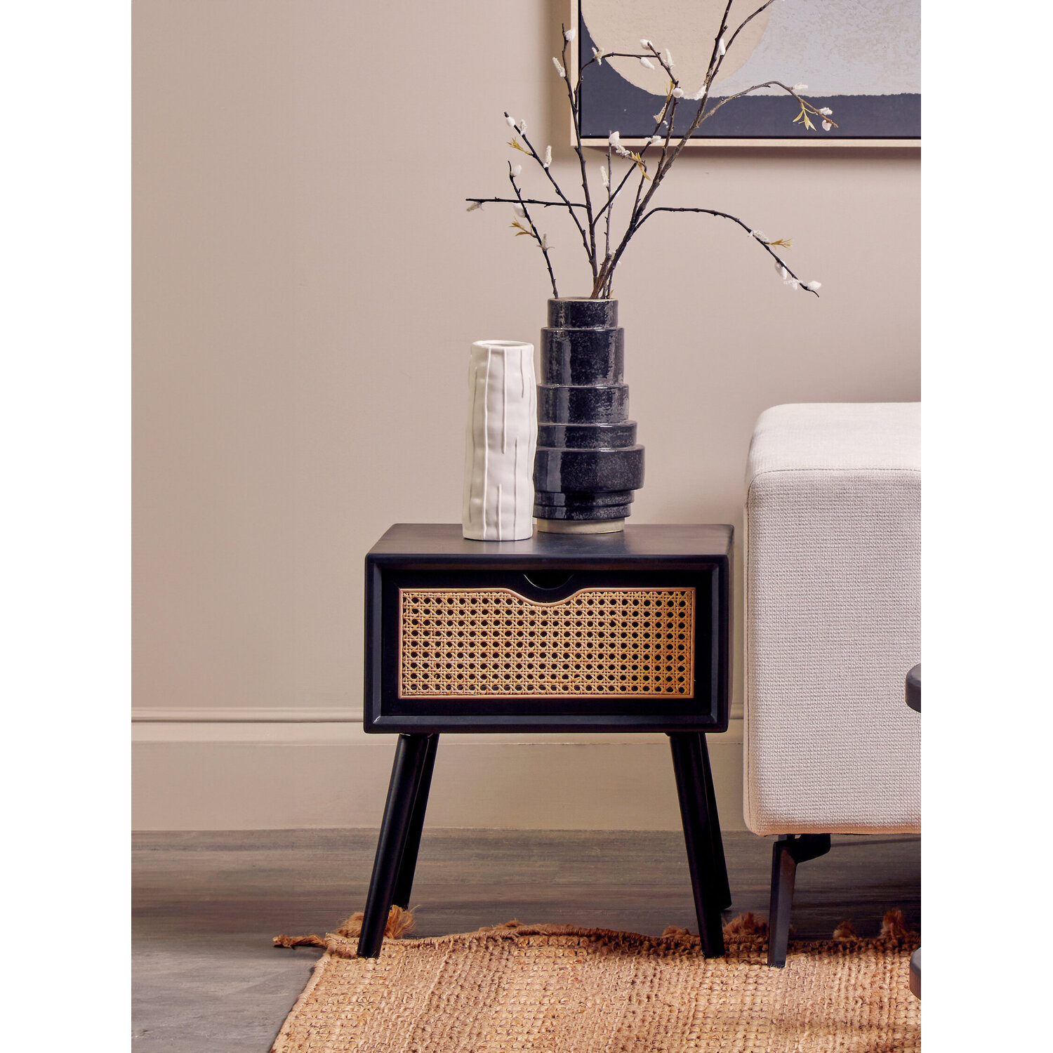 Cebu Black Side Table with Rattan Drawer - Black