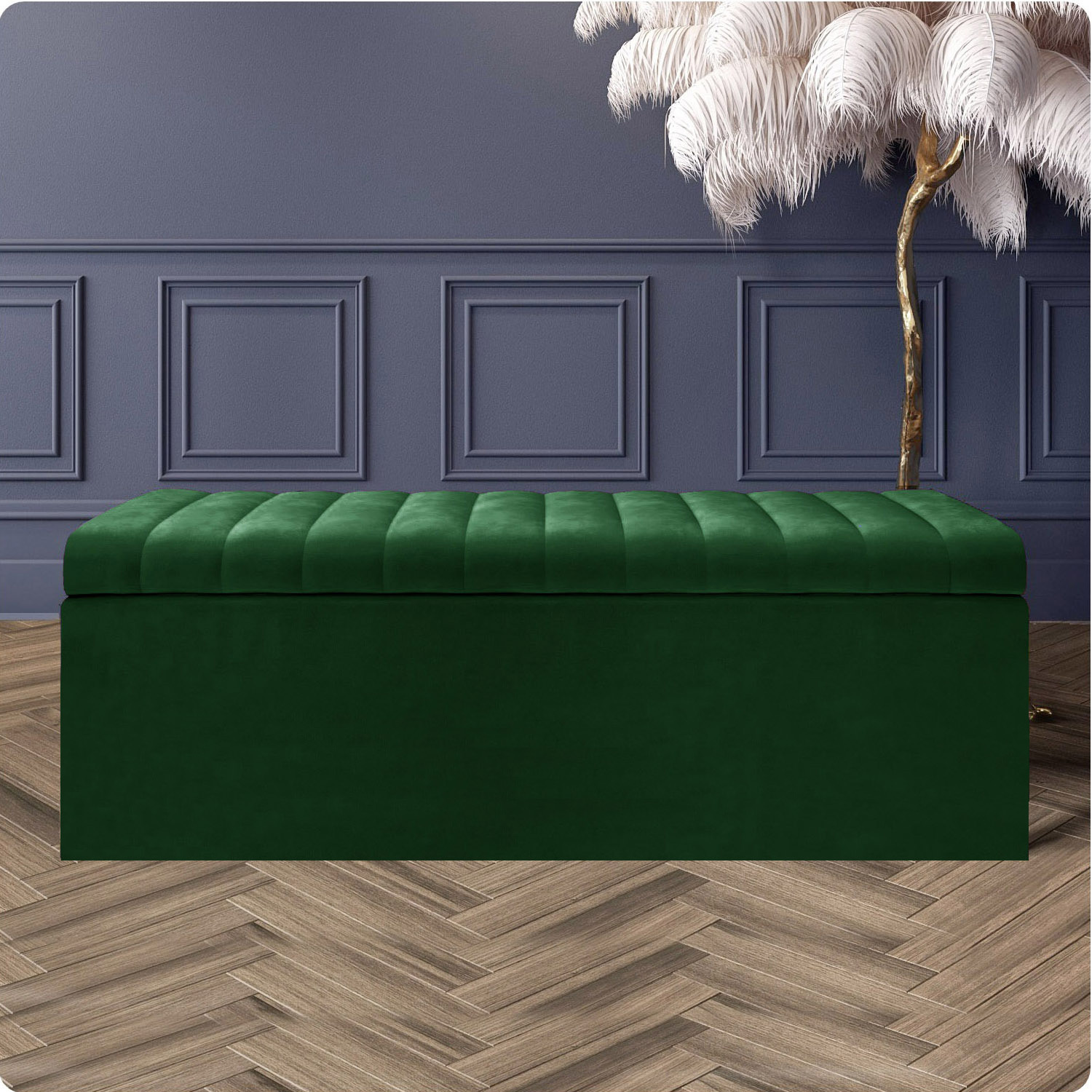 R&M Furnishers Safar Ottoman Storage Box, Plush Velvet Striped Upholstered Blanket Chest, End Of Bed Bench - Forest Green Plush Velvet