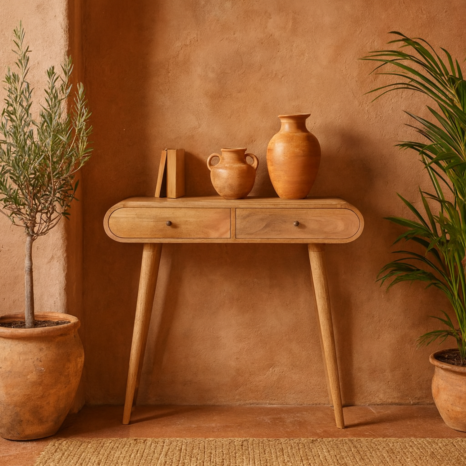 Florence Oval 2 Drawer Natural Mango Wood Console Table Matt Finish - Brown