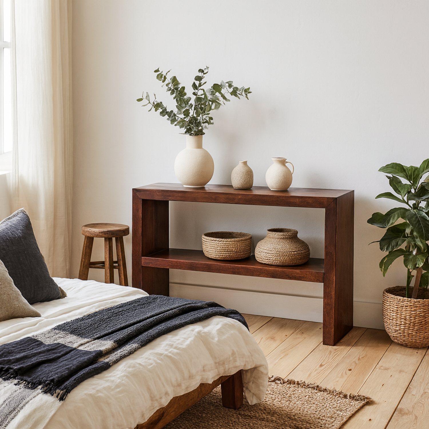 Phuket Dark Mango Wood Console Table with Shelf - Brown