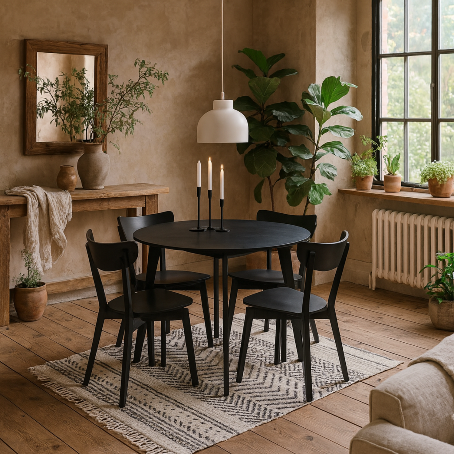 Krakow Round Dining Set Matt Table with Veneer Top and 4 Chairs - Black