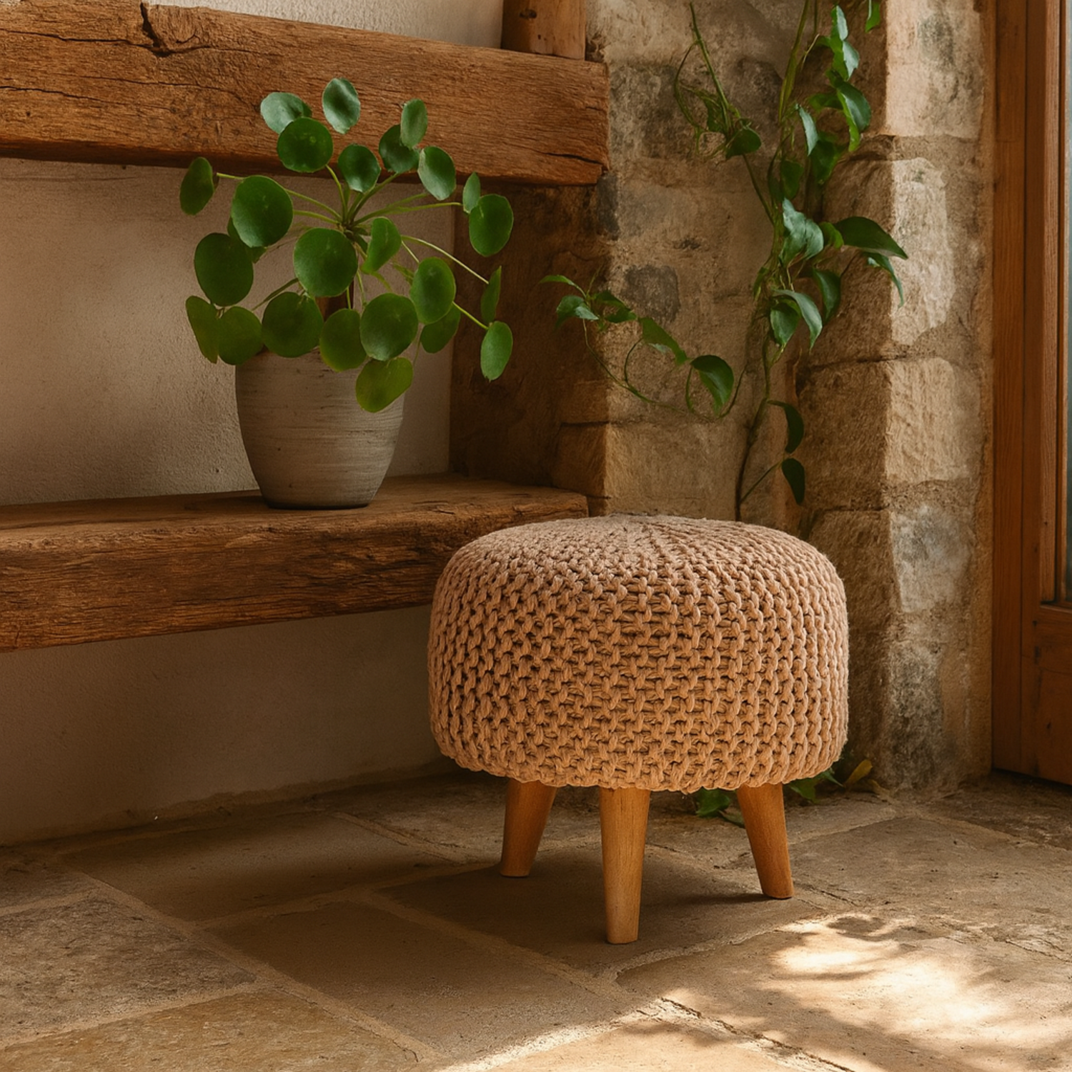 Mantua Woven Round Footstool - Beige