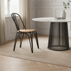 District Dining Chair Elm Wood Seat With Black Finish Metal Frame