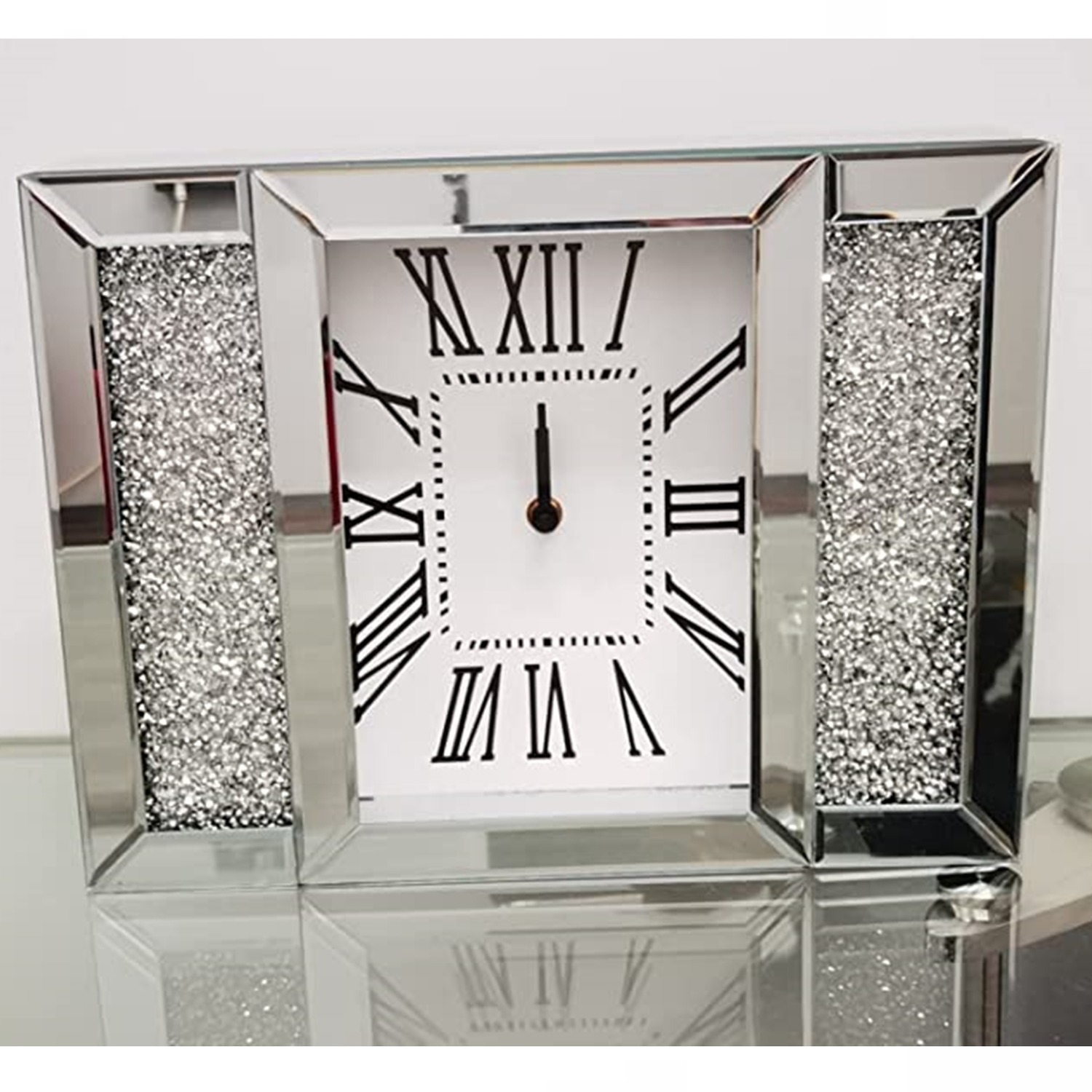 Wall Clock Roman Numbers Diamante Mirror - Silver