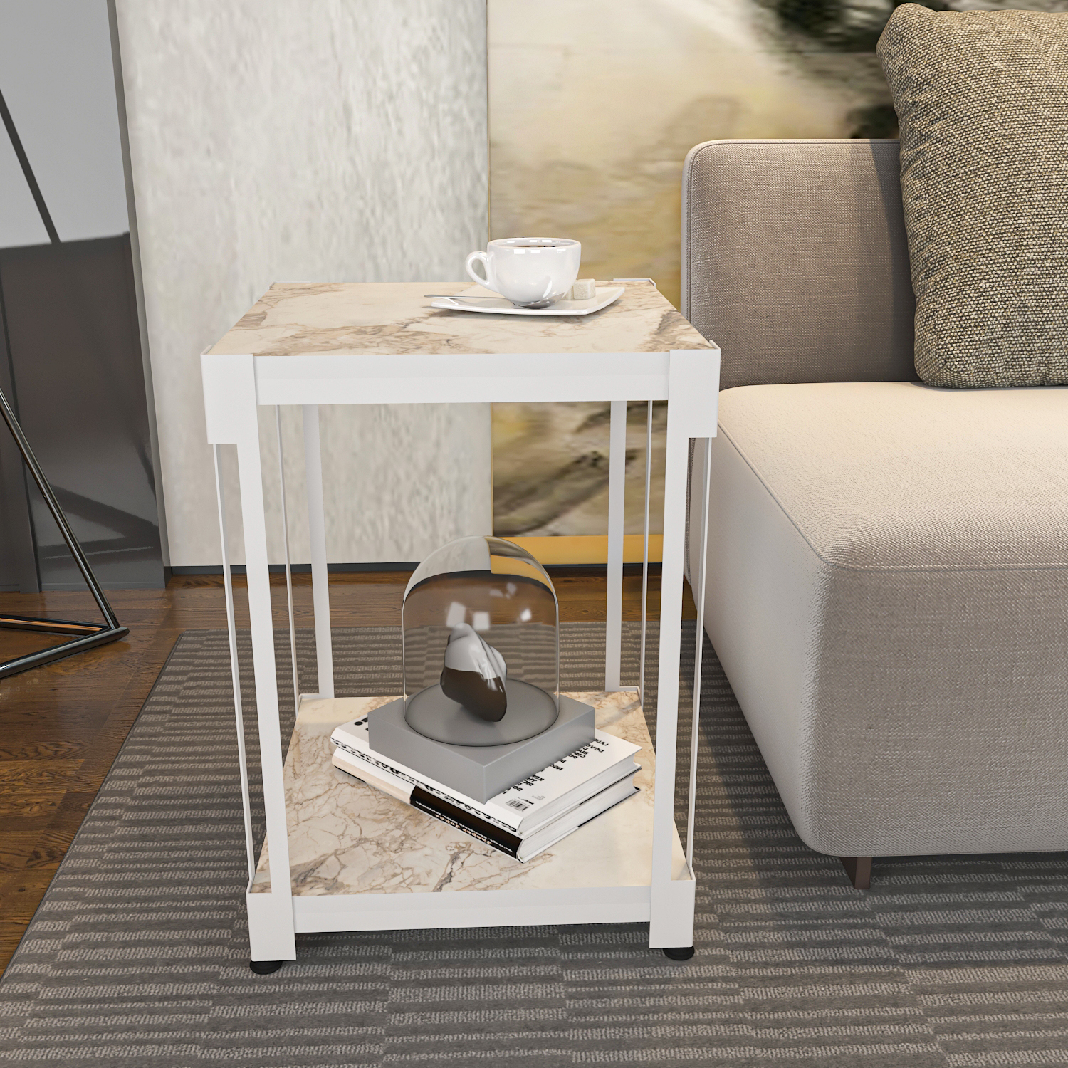 Zenas Side End Table - White Marble Effect and White