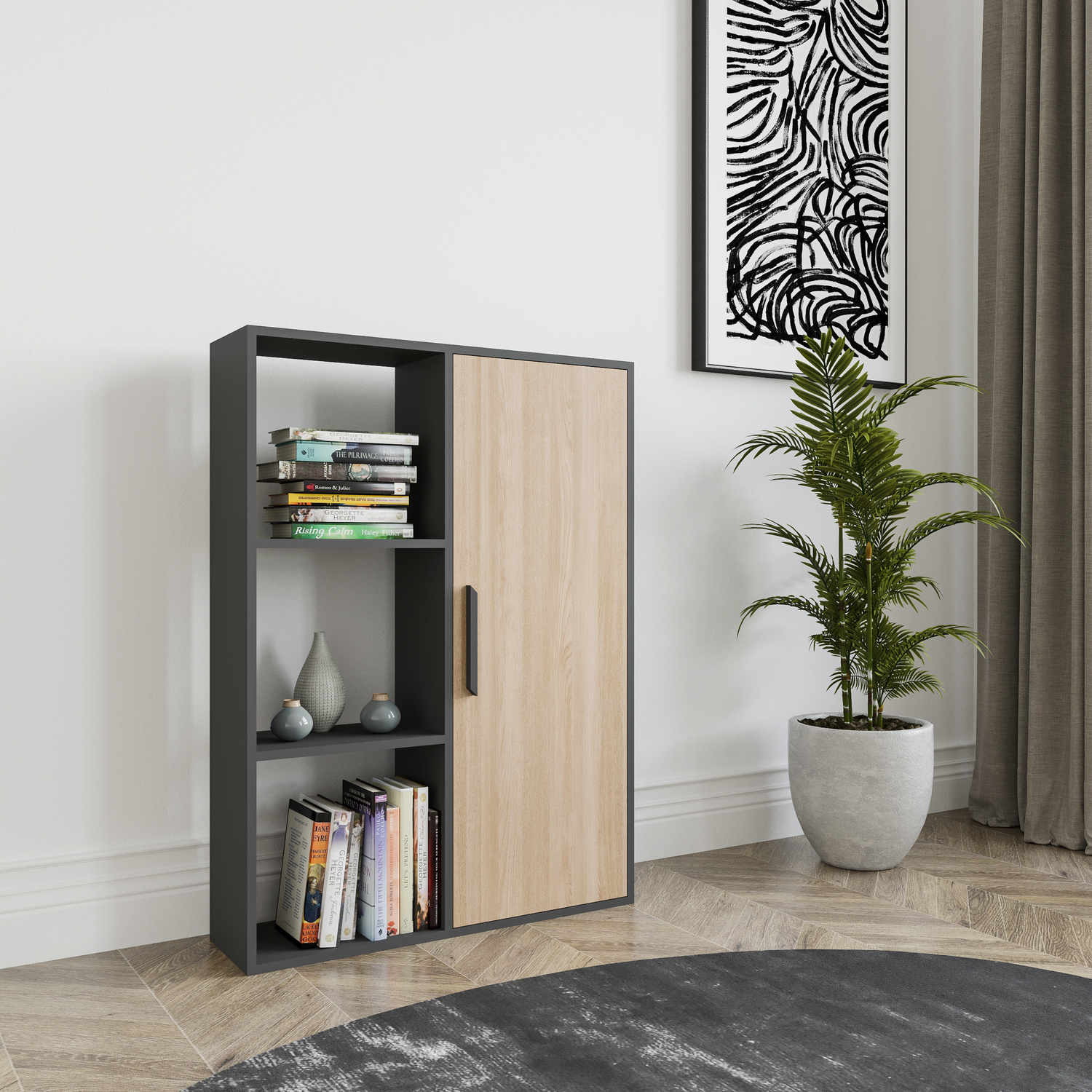 Patrick Modern Bookcase with Cabinet - Anthracite and Oak
