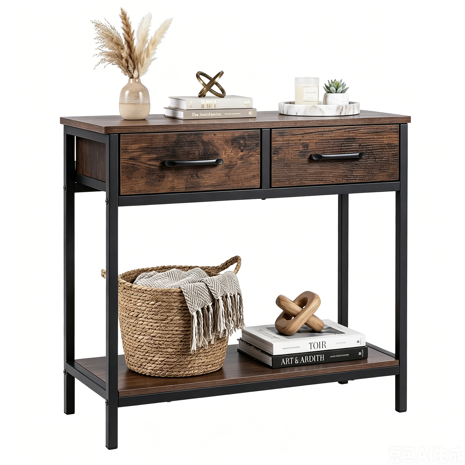 Modern Sofa Table Entryway Table - Rustic Brown + Black