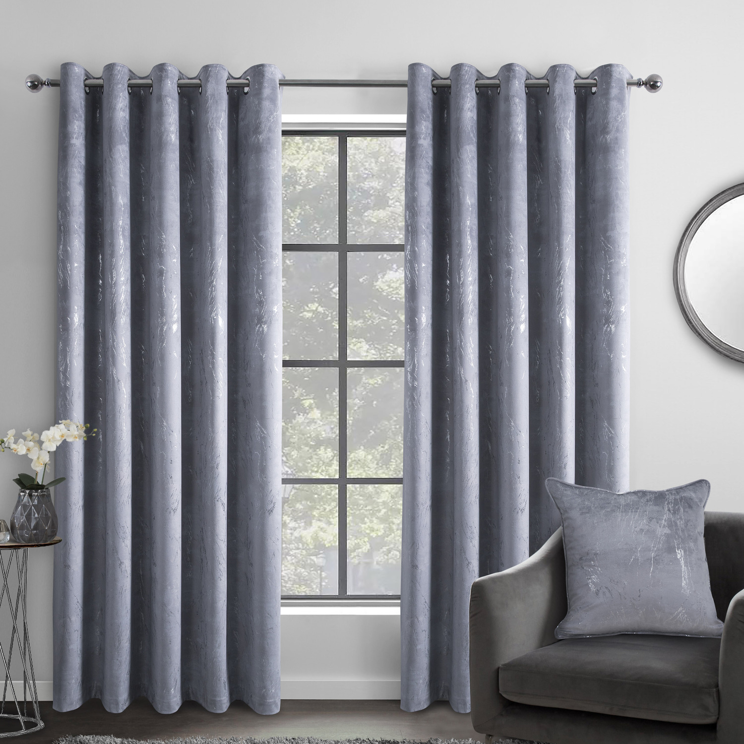 Marble Effect Velvet Thermal Blackout Eyelet Curtains - Grey / 54in