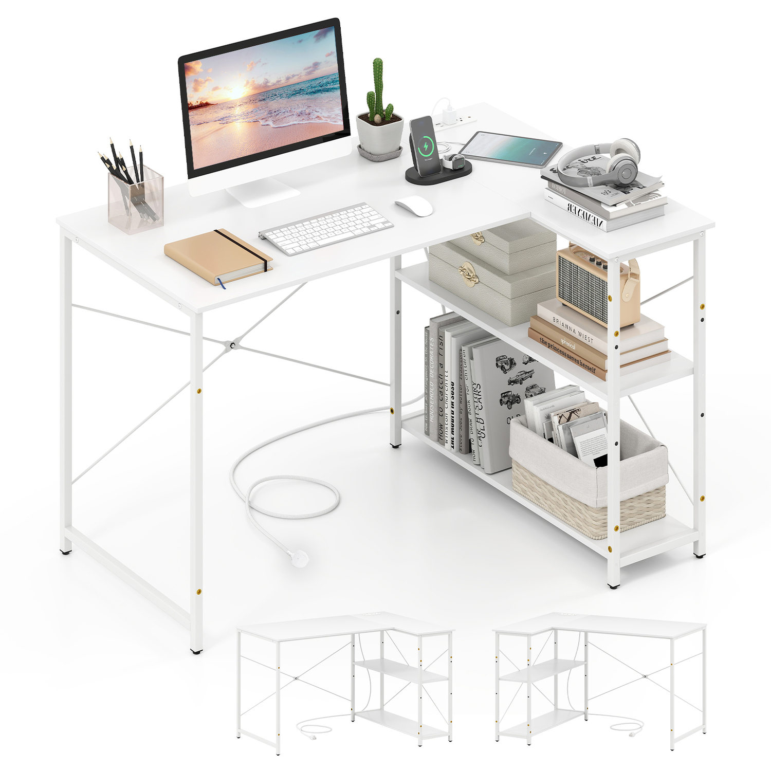 Costway Corner Computer Desk With Reversible Shelves - White