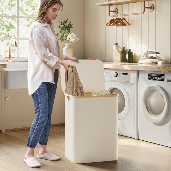 SONGMICS Laundry Basket with Lid, 2-Section Large Laundry Hamper