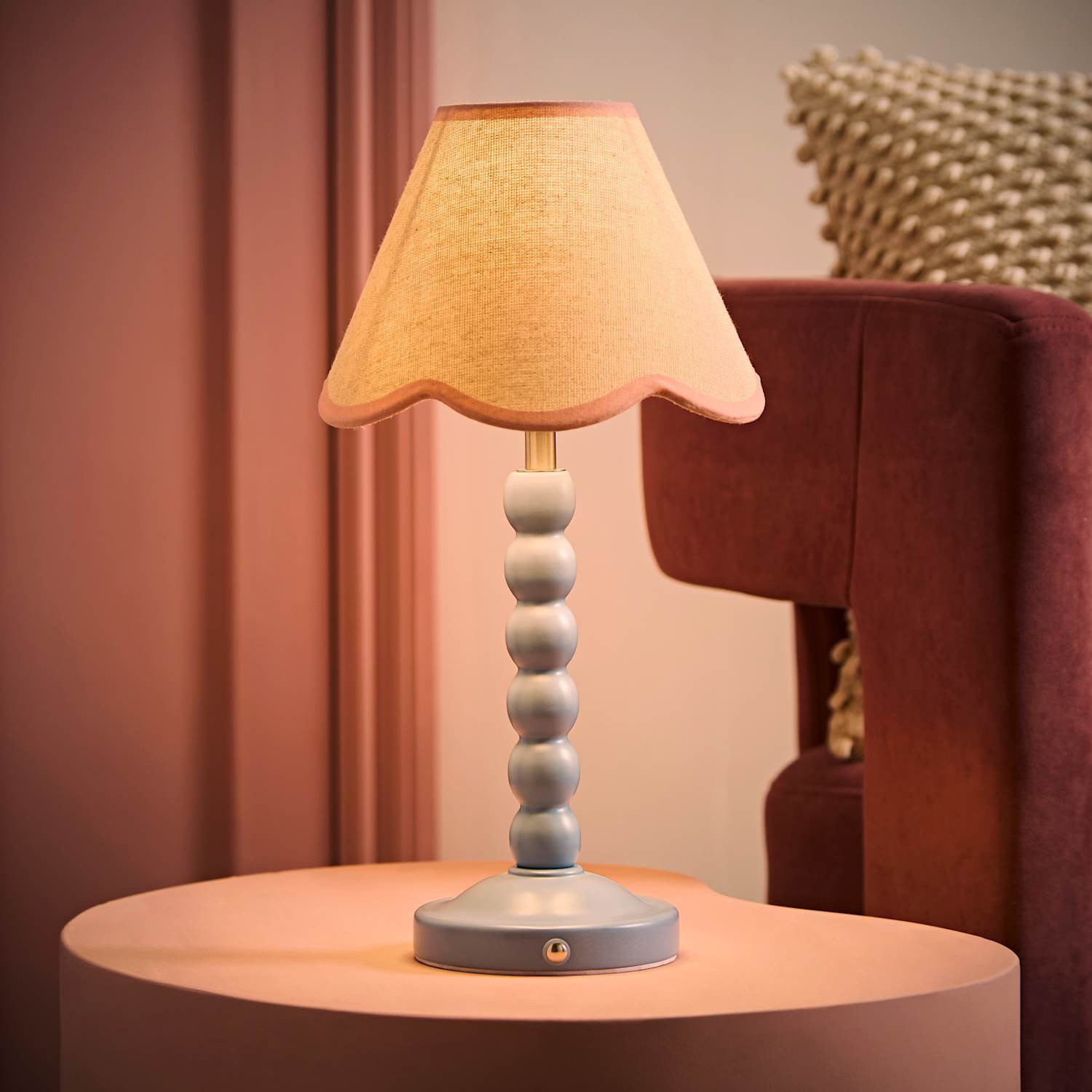 ValueLights Bobbin Scallop Trim Shade Blue Rechargeable Portable Table Lamp in Light Blue - Image 4