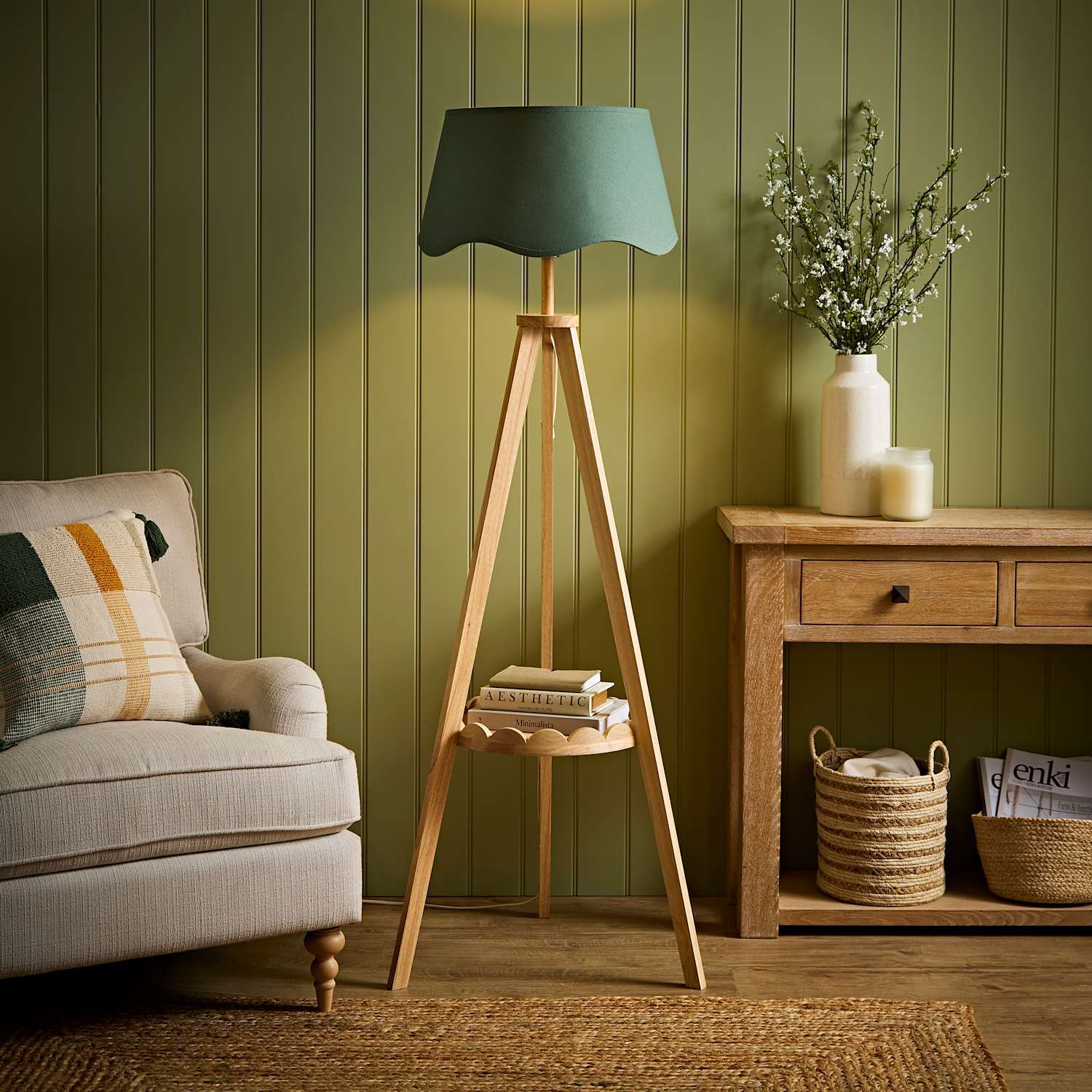 Valuelights Unisex Green Morrigan Scallop Linen Shade Wooden Shelf Tripod Floor Lamp With Bulb In - Image 4