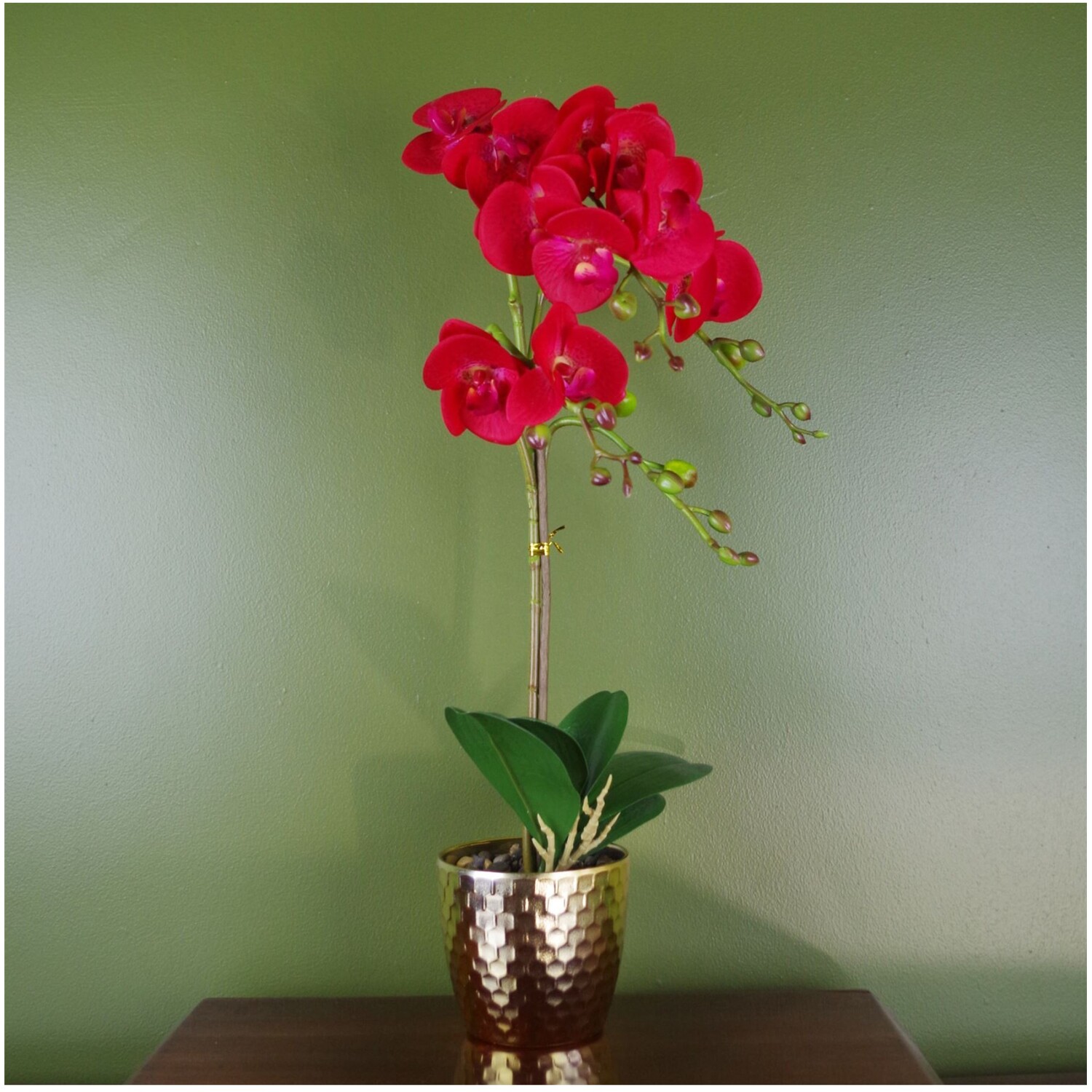 50cm Real Touch Artificial Orchid in Golden Honeycomb Pot - Red