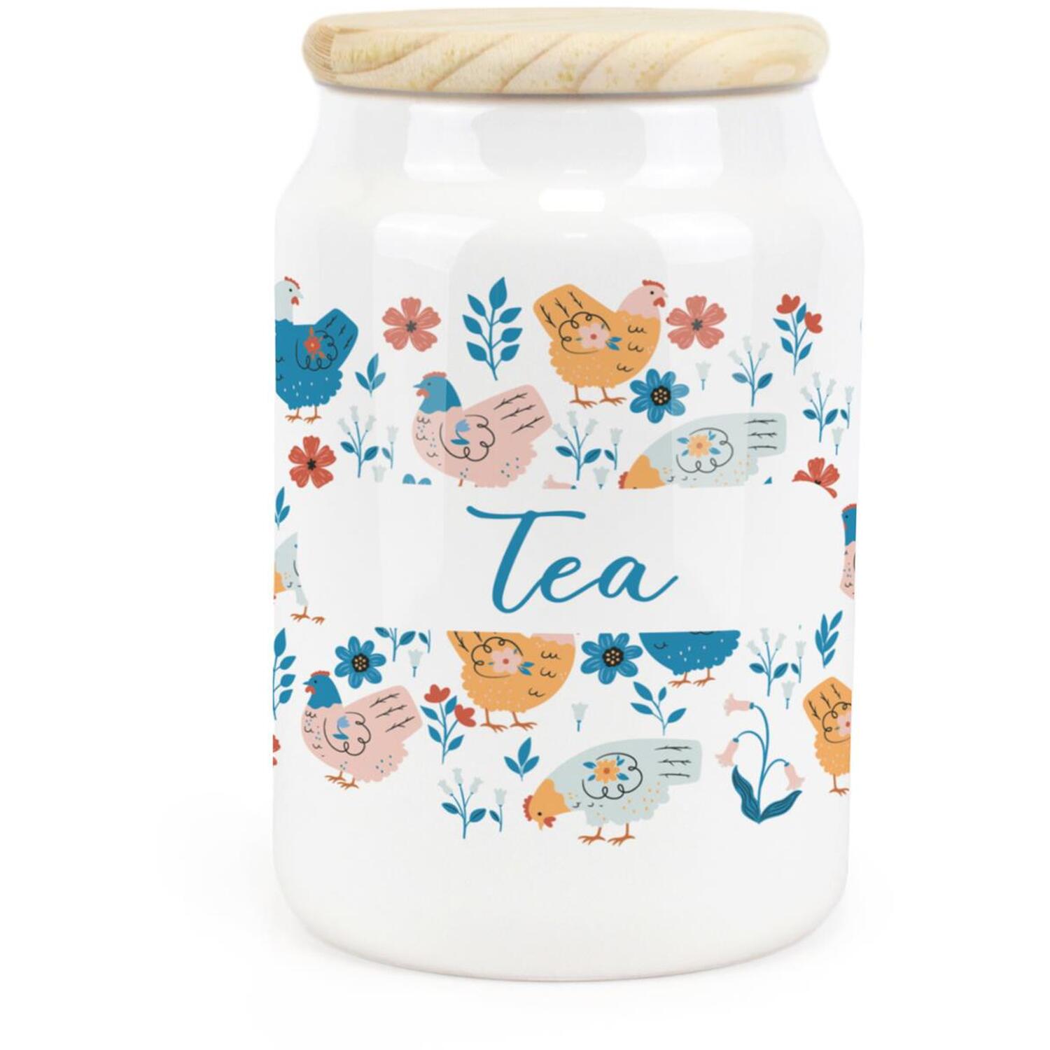 B&Q - Botanical Chickens Ceramic Tea CanisterHens & Flowers Artwork Kitchen Storage Container & Wooden Lid 600Ml (14.5Cm X 9.5Cm) - Image 2