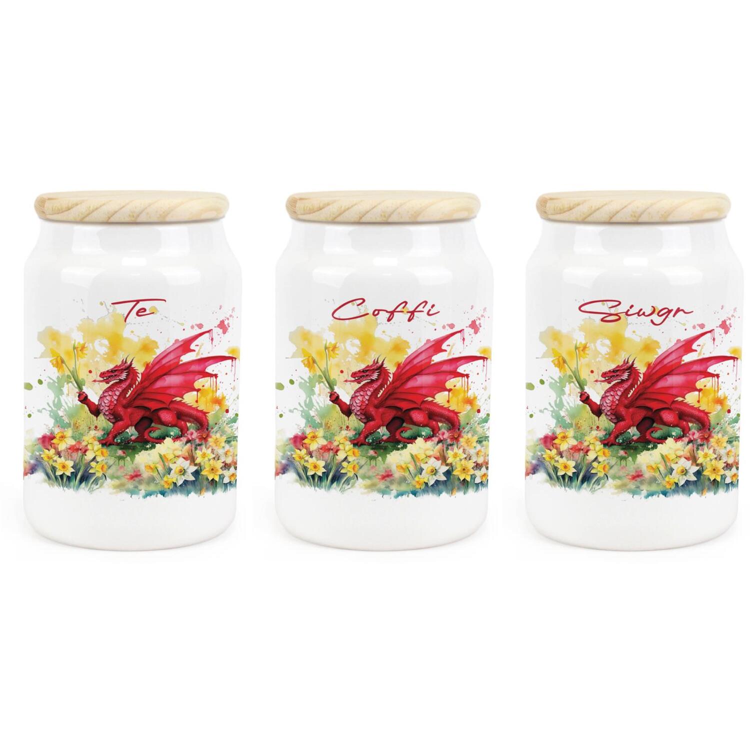 B&Q - Daffodils & Dragon Welsh Ceramic Te Coffi Siwgr CanistersFloral Wales GiftsTea Coffee Sugar Containers & Wooden Lids 600Ml - Image 2