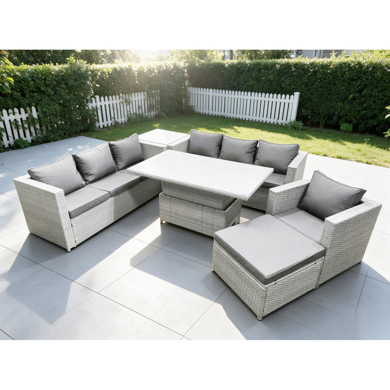 Fimous Light/Grey 8 Seater Rattan Garden Furniture Set With Adjustable Rising Table, 2 Sofas, Side Table, Chair & Footstool - Image 2
