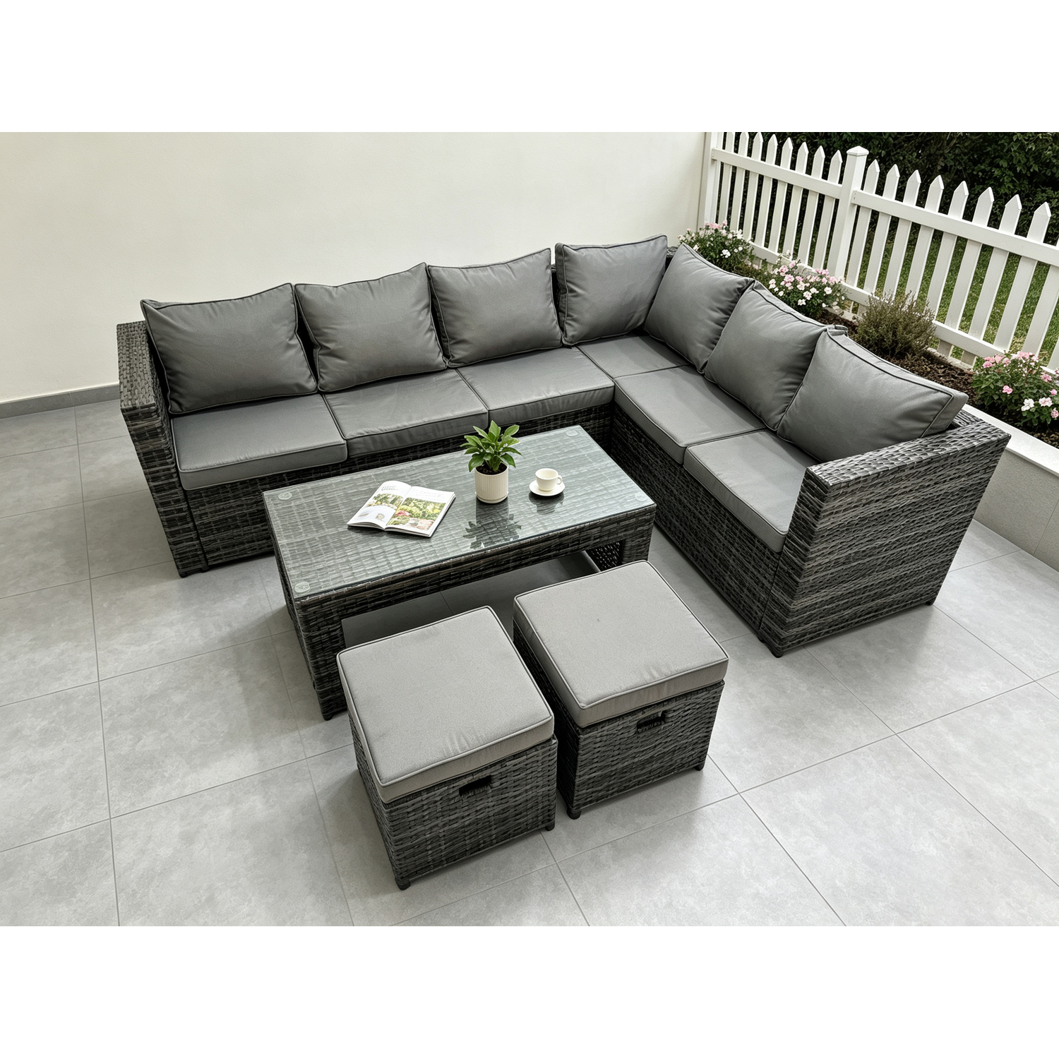 Rackhams Dark/Grey 8 Seater Rattan Corner Sofa Lounge Sofa Set With Rectangular Coffee Table 2 Stool Mixed Right Hand - Image 2
