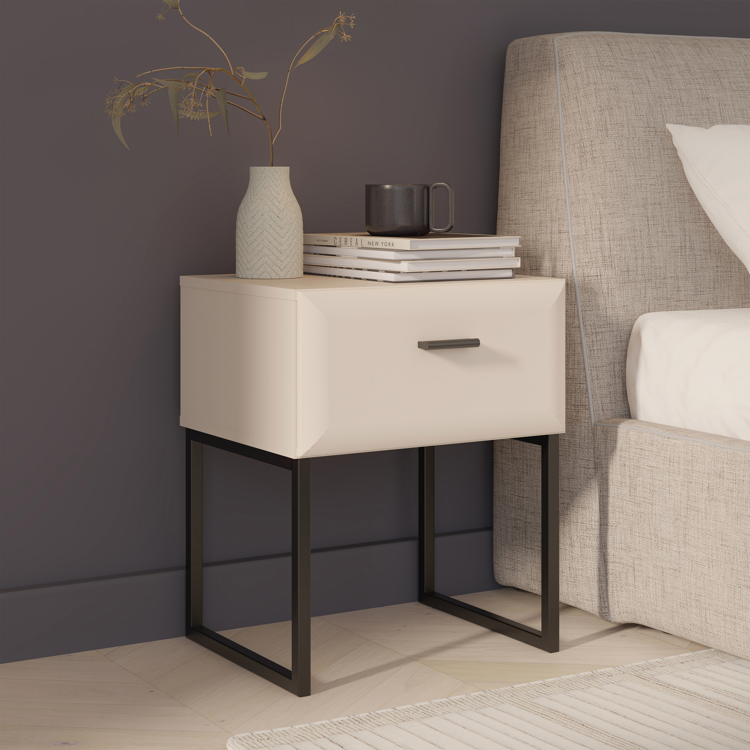 Furniture To Go Black Akihisa Bedside Table With Drawer And Metal Legs In Sand - W 45.2 X H 54.6 X D 38Cm - Manufactured Wood - 1 - Image 3