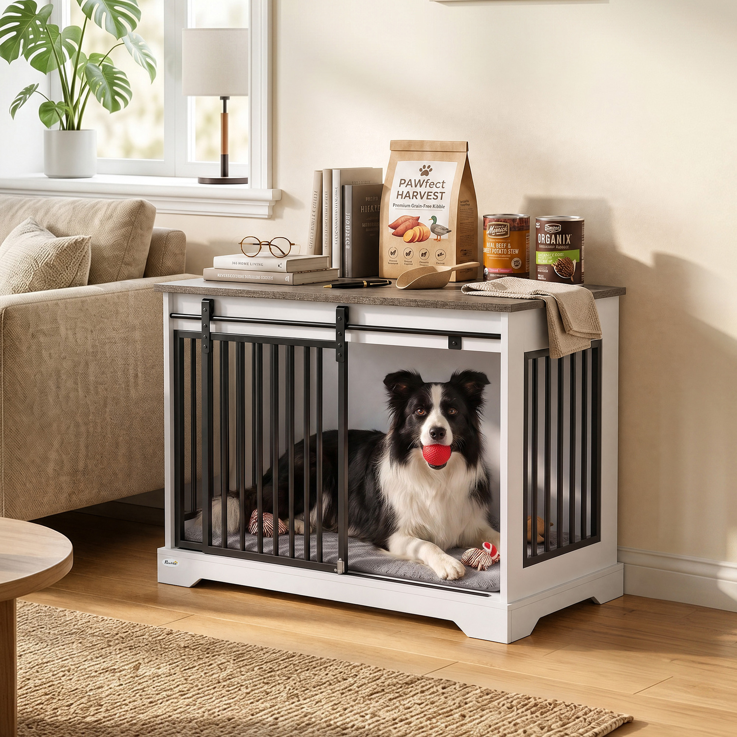 Pawhut (S) Dog Crate Furniture With Sliding Barn Door - Image 4