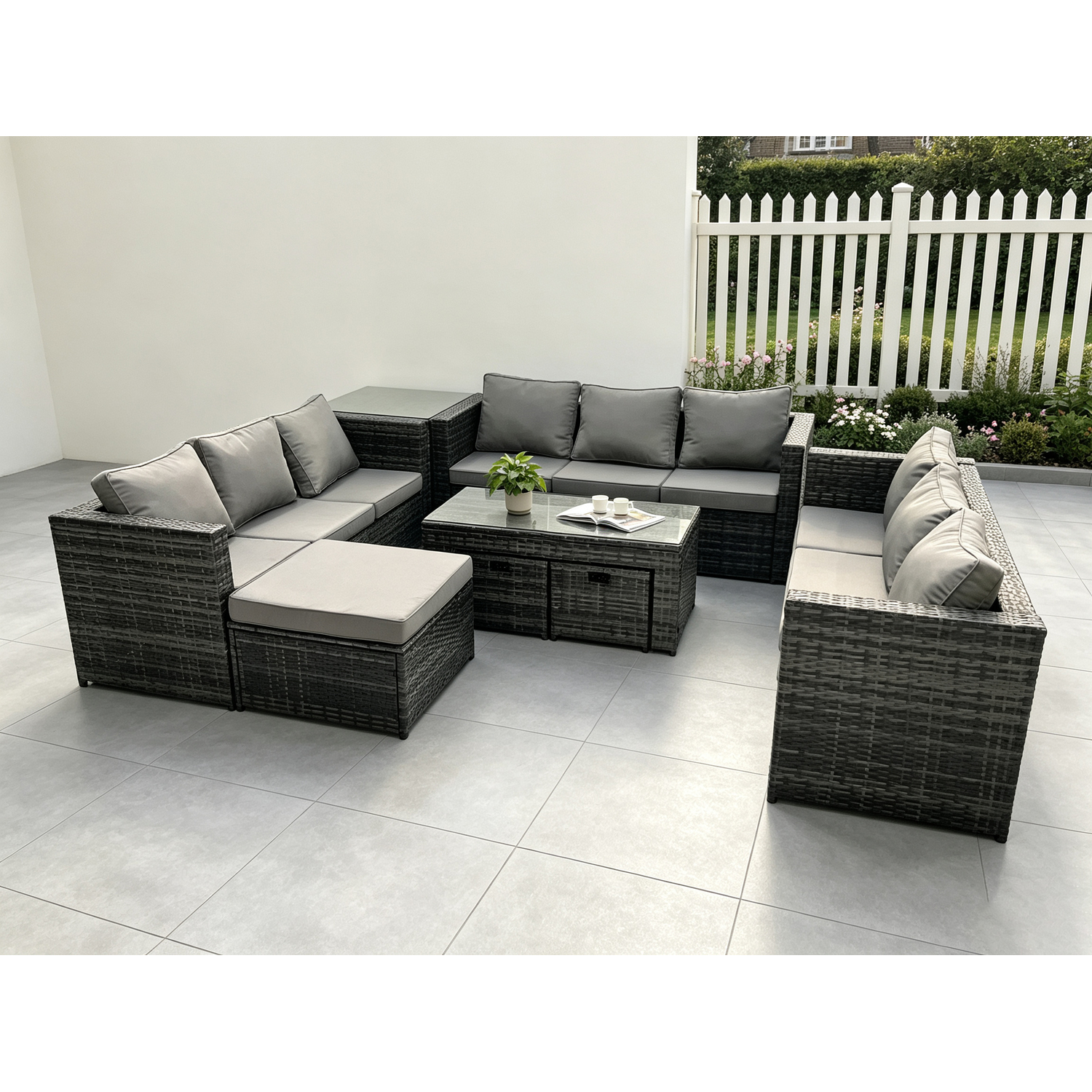 Rackhams Dark/Grey Outdoor Rattan Garden Furniture Lounge Sofa Set With Oblong Rectagular Coffee Table Big Footstool And 2 Small Stools Side Table - Image 2