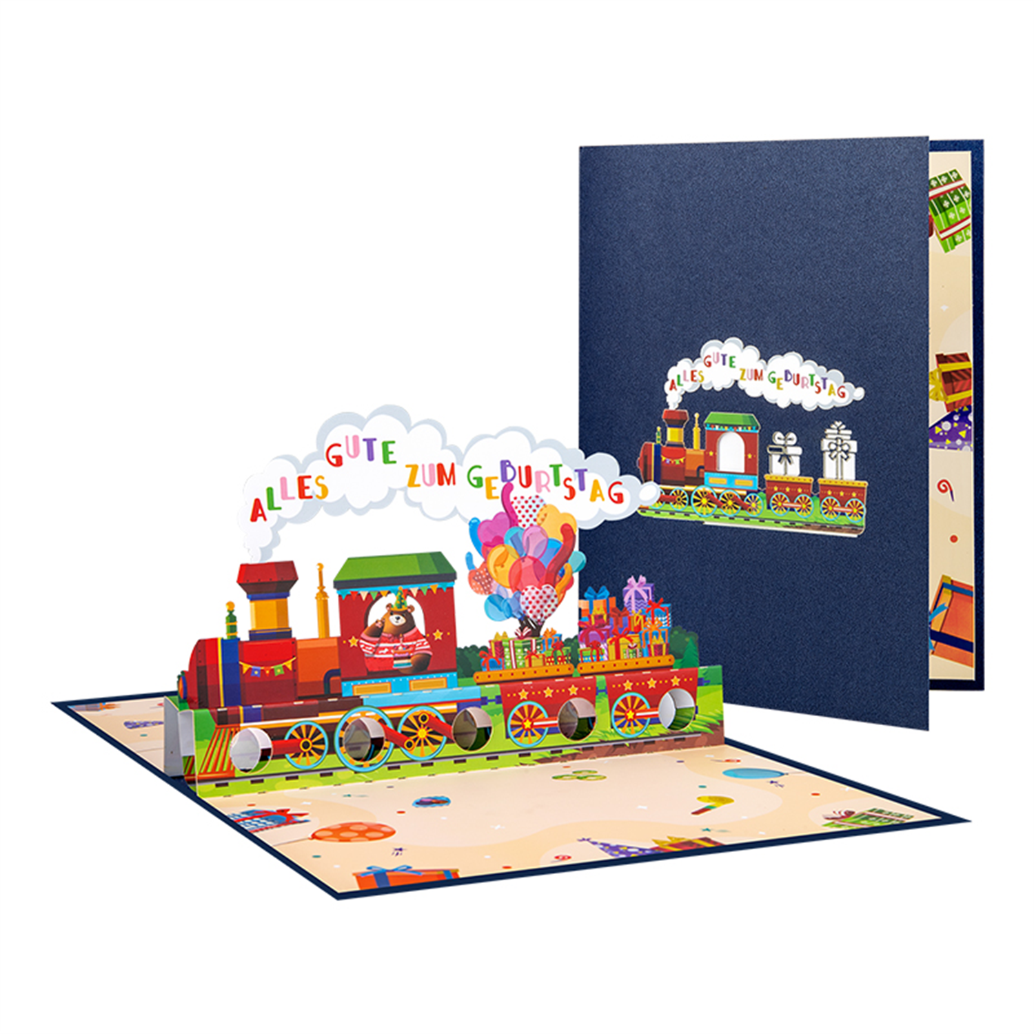Brightfeel Birthday Train Adventure German 3D Pop Up Greeting Card With Gift Pockets - White