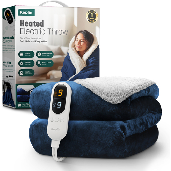 Keplin Electric Heated Throw Blanket - Double-Sided Flannel and Sherpa