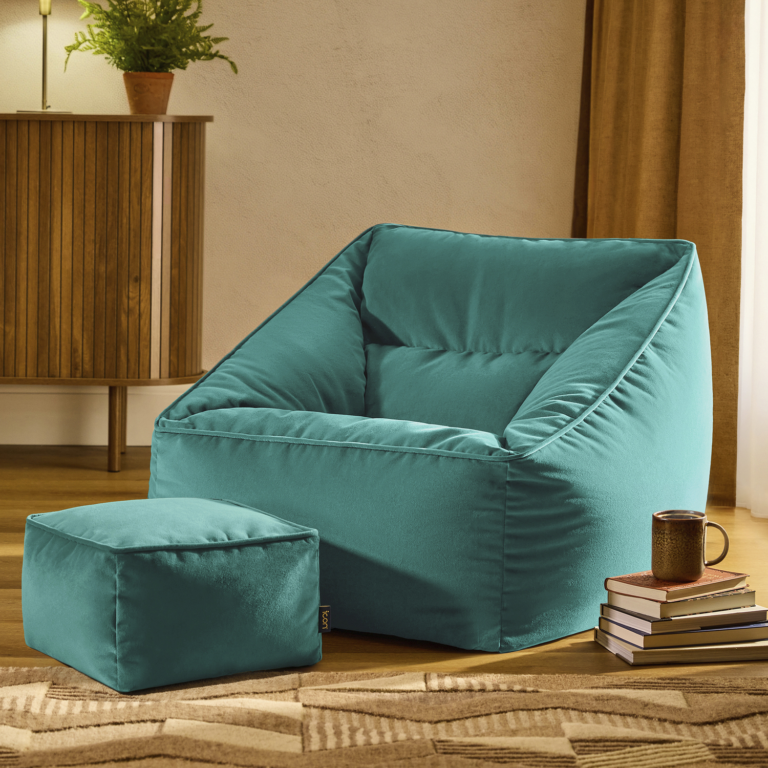 Icon Natalia Giant Velvet Armchair Bean Bag With Footstool - Teal