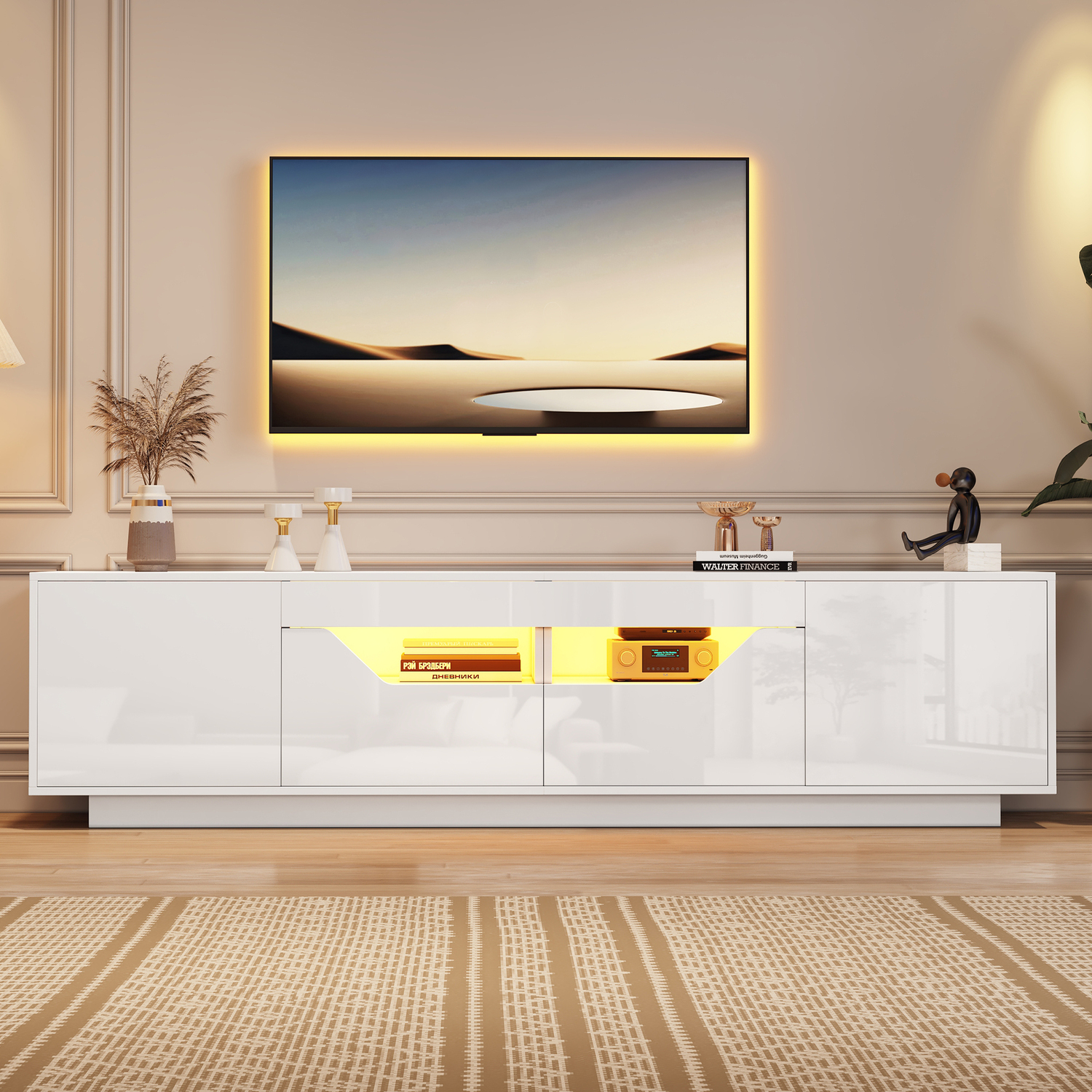 Aka High Gloss Tv Stand With 2 Doors, 2 Drawers, Open Storage And Led Lights, White - White