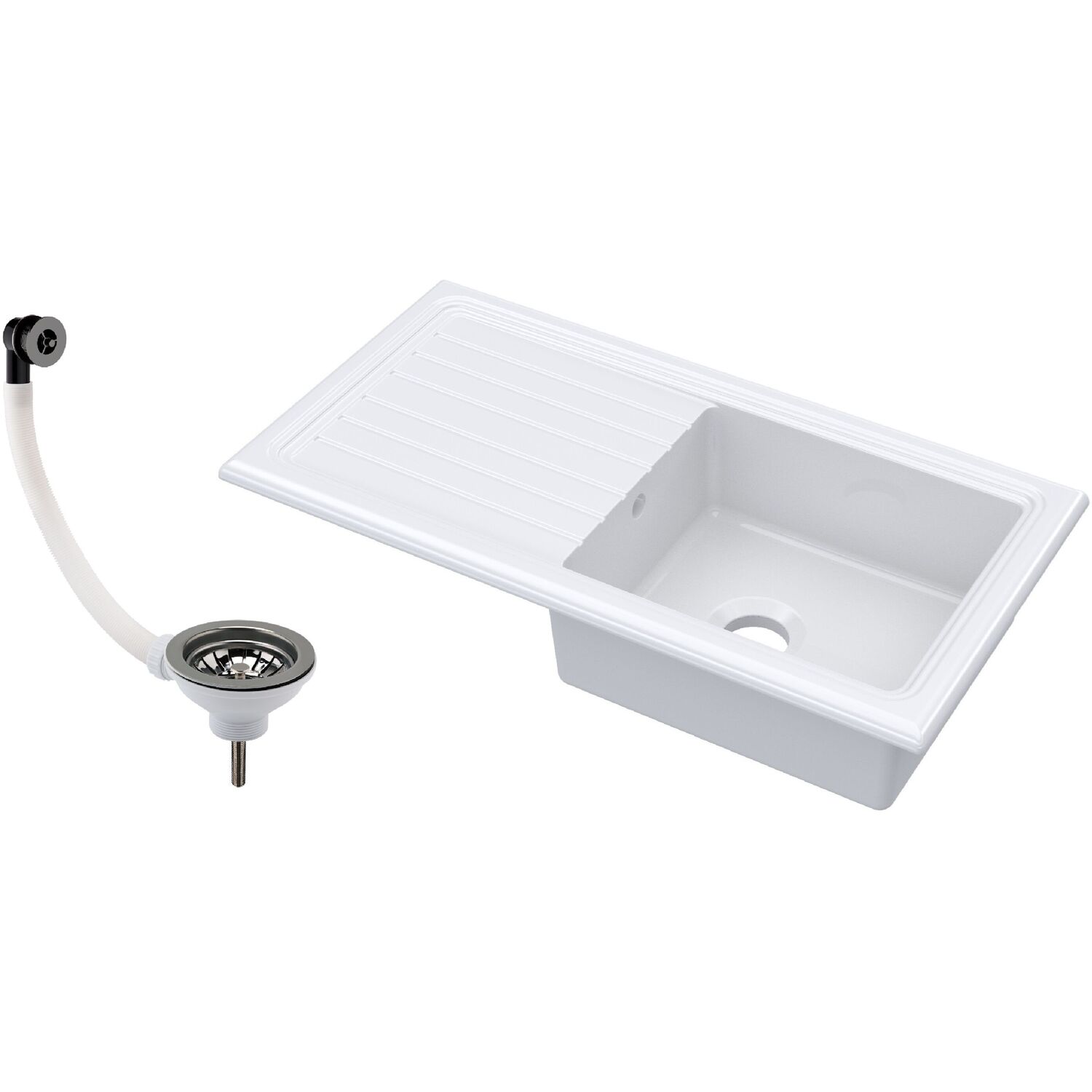 Balterley 1 Bowl Fireclay Ceramic Inset Kitchen Sink With Drainer & Brushed Pewter Waste, 1010Mm - White - Image 2