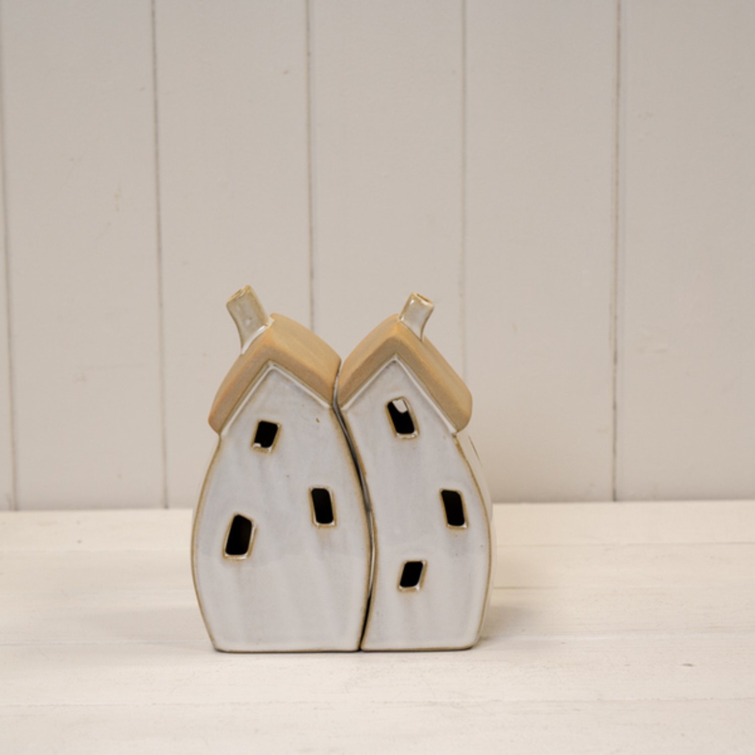  - Sand Rustic Stone Glazed Ceramic Twin House Ornament - Image 3