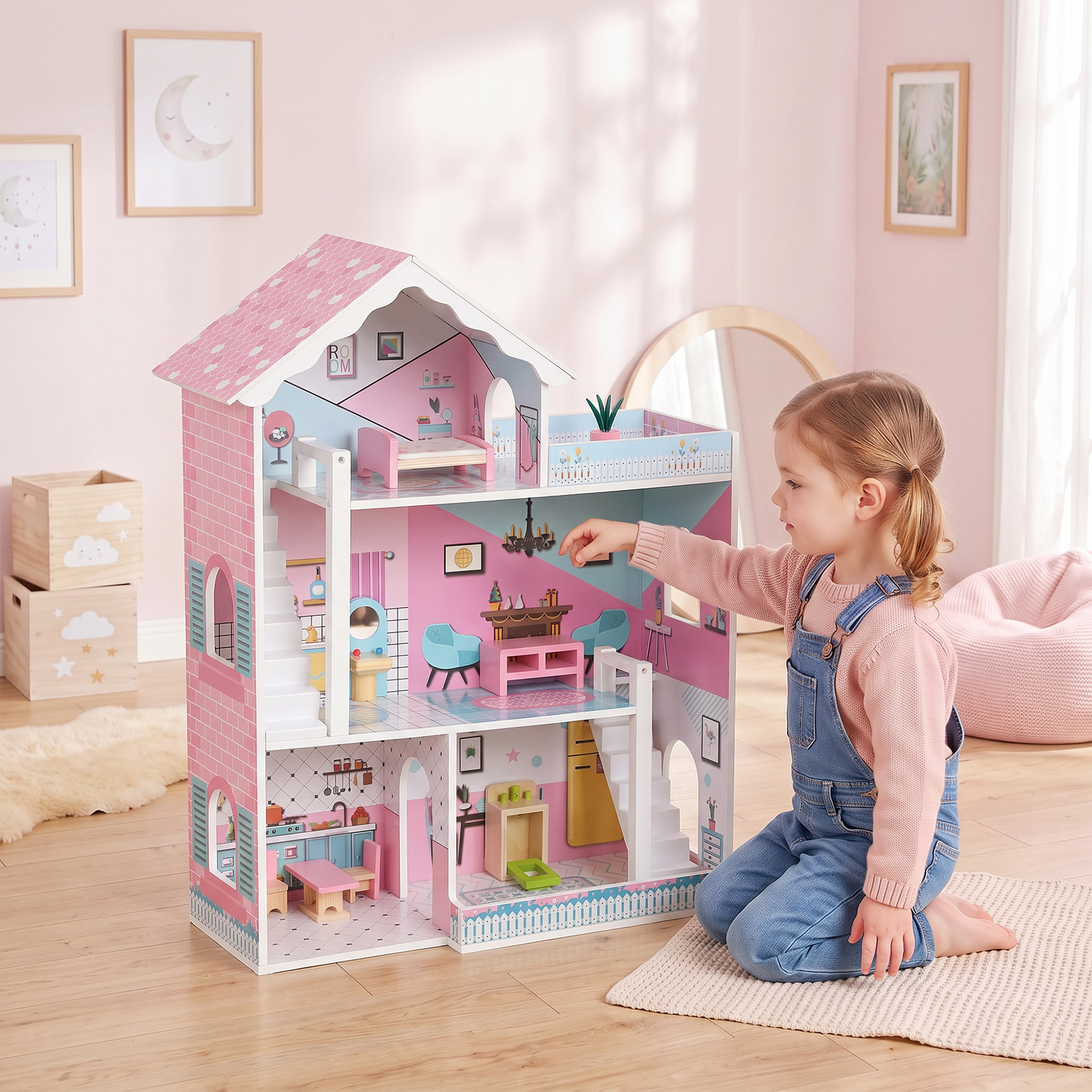 Aiyaplay Pink Wooden Dolls House 3-Storey With 10 Accessories For 3-6 Years, - Image 6