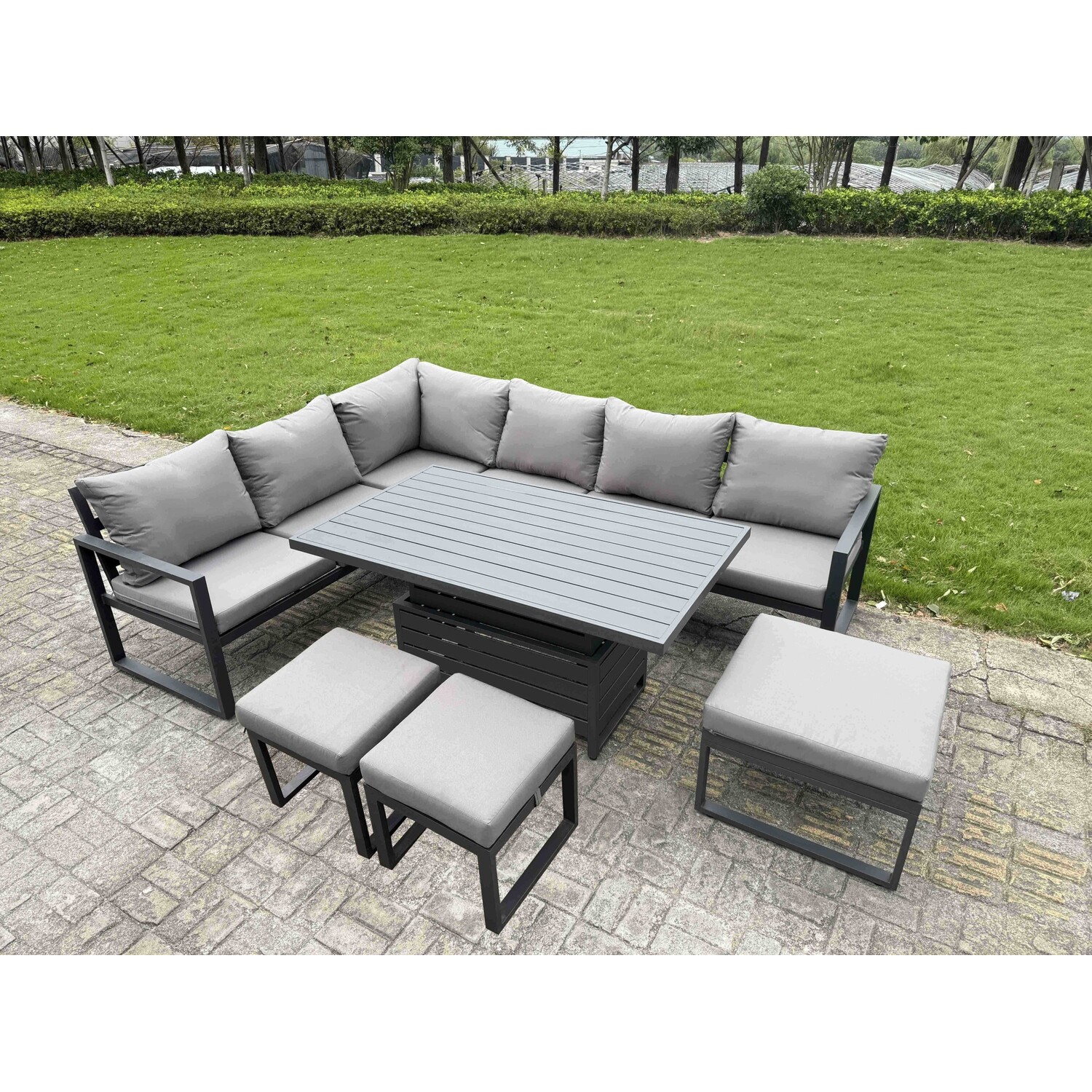 Rackhams Dark/Grey 9 Seater Aluminium Garden Furniture Set With Adjustable Rising Dining Table, Corner Sofa & 3 Footstools - Image 2