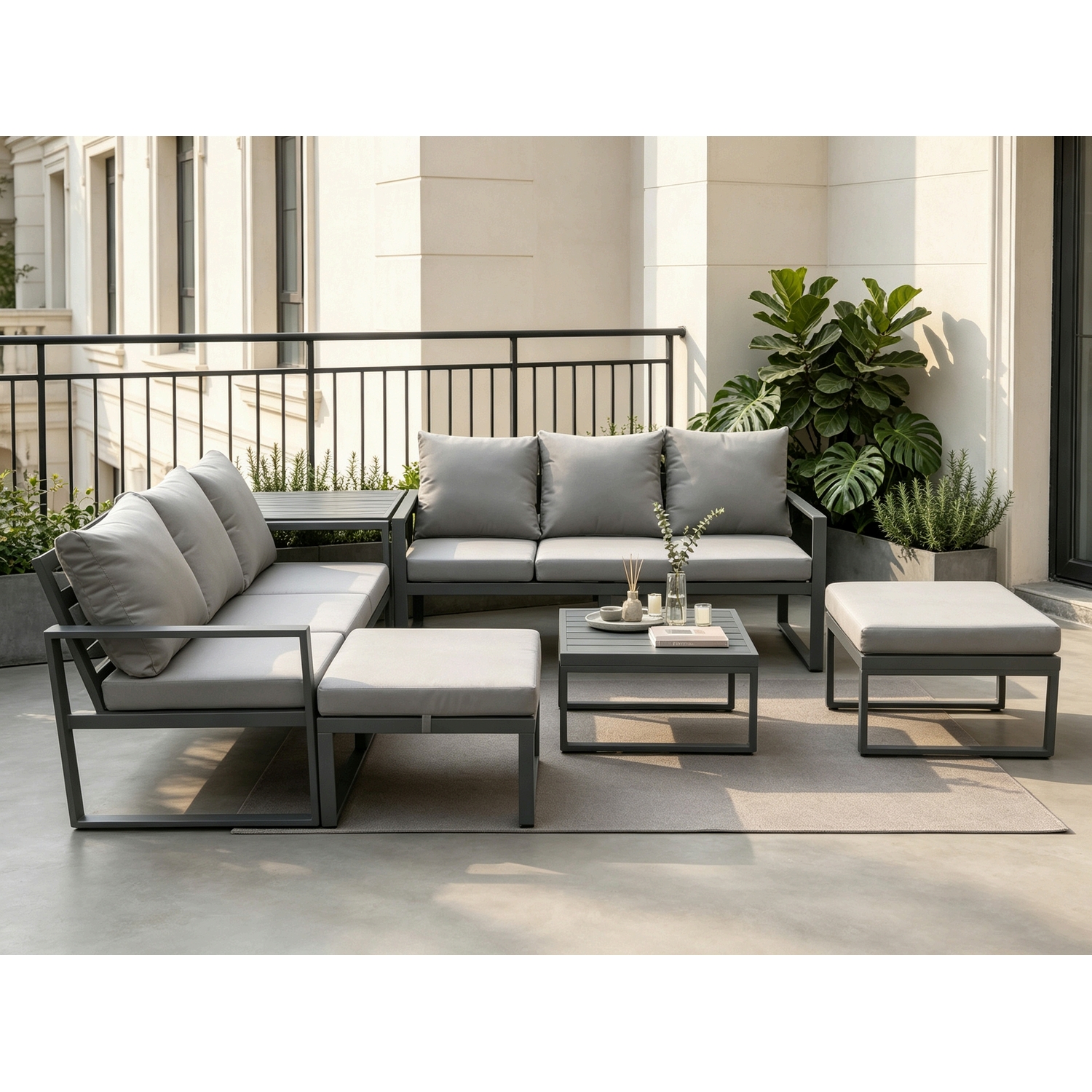 Fimous Aluminium 6 Pieces Garden Furniture Sofa Set With Cushions 8 Seater Outdoor Patio Set With Square Coffee Table 2 Big Footstools Dark Grey - Image 3
