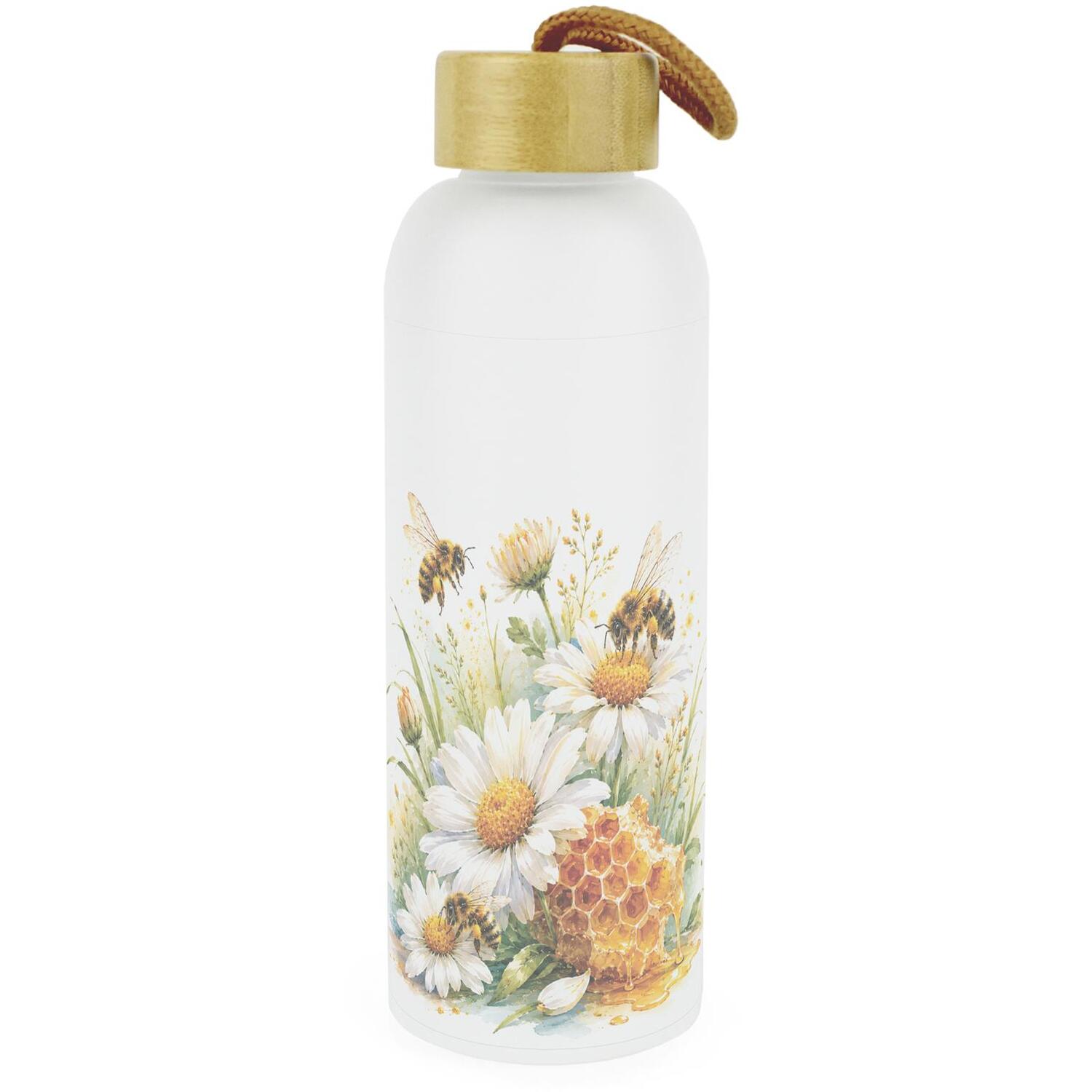 Daisy Bees Frosted Glass Water Bottle with Wooden Lid, Reusable Drinkware Gift - Image 2