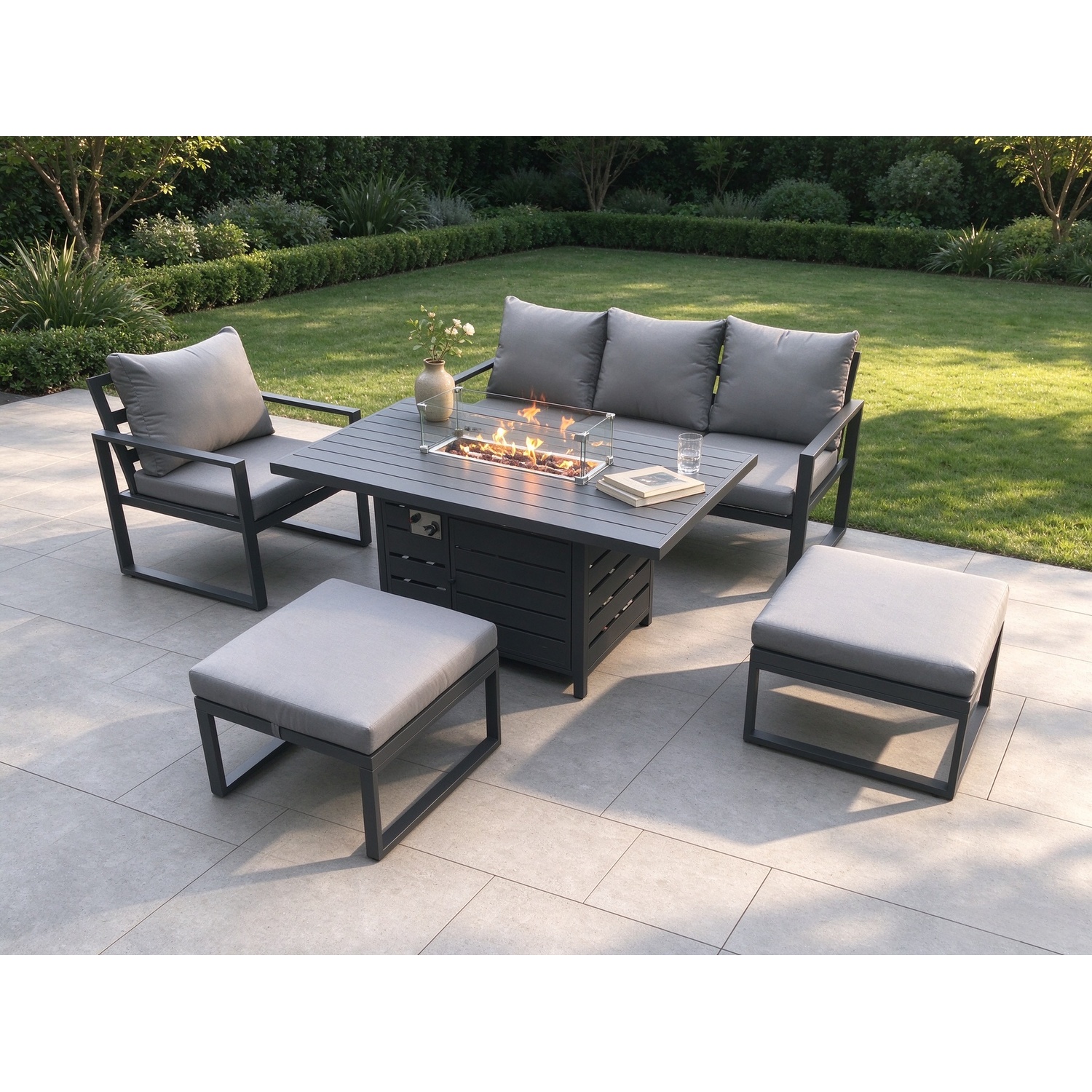 Fimous Unisex Dark Grey Aluminium Pieces Garden Furniture Sofa Set With Cushions Gas Fire Pit Dining Table Set With 2 Big Footstools Size 5 - Image 2