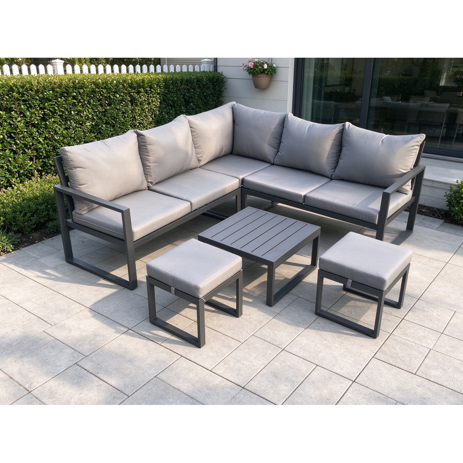 Rackhams Dark/Grey Outdoor Garden Furniture Set Aluminium Lounge Sofa Square Coffee Table Sets With 2 Small Footstools Indoor Conservatory Set - Image 2