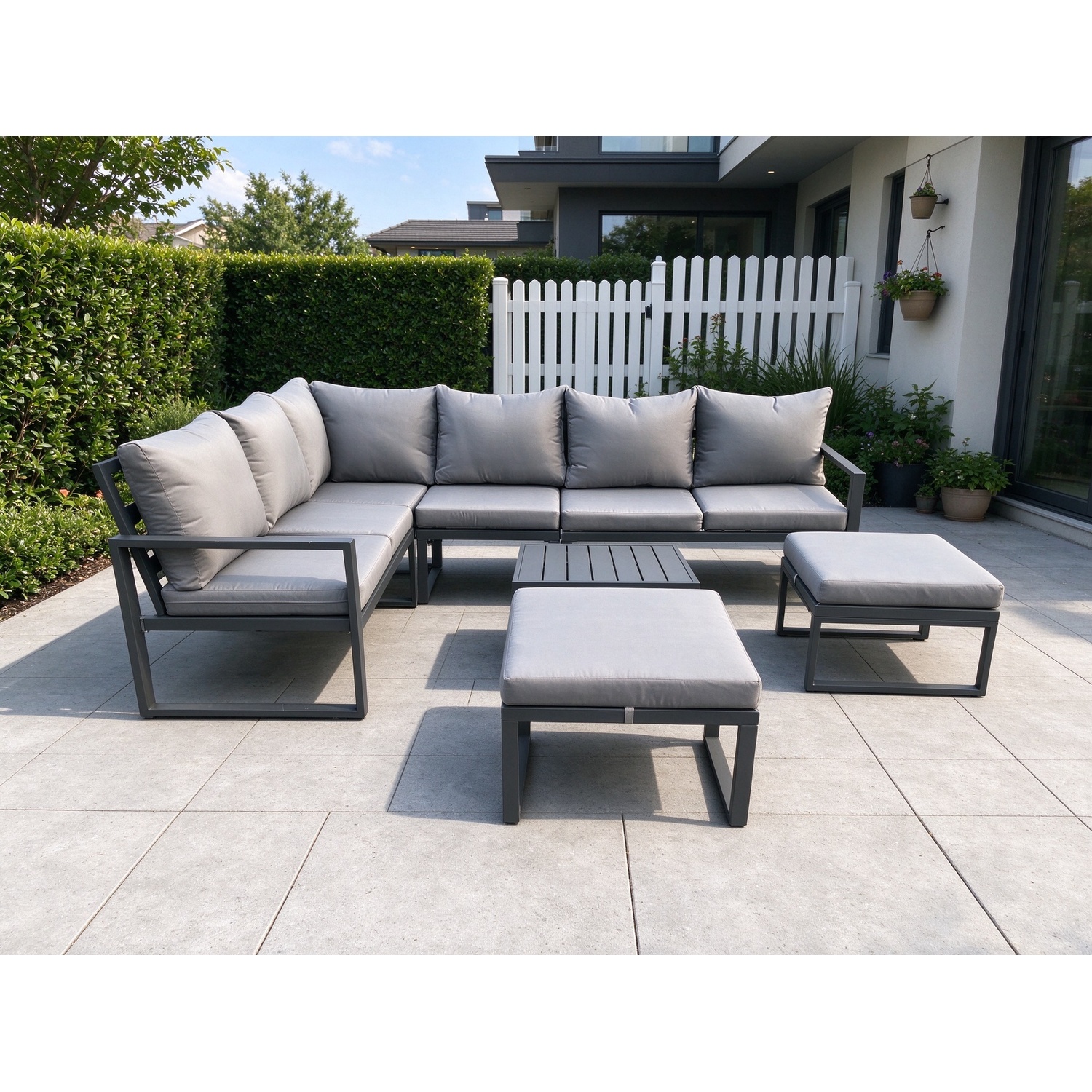 Fimous Unisex Dark Grey Seater Outdoor Lounge Corner Sofa Set Aluminum Garden Furniture Sets With Square Coffee Table 2 Big Footstool Size 8 - Image 2