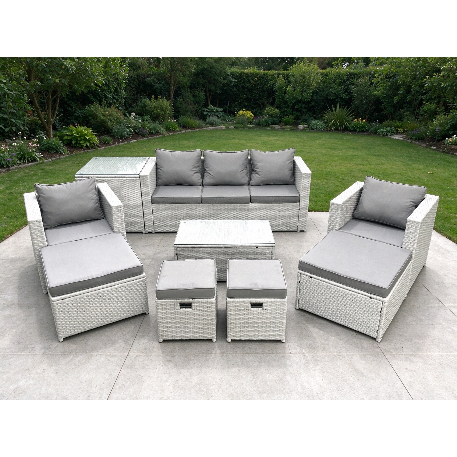 Fimous 9 Pieces Rattan Garden Furniture Set Outdoor Garden Sofa Chair Coffee Table Set With Side Table 4 Footstools Light Grey Mixed - Image 3