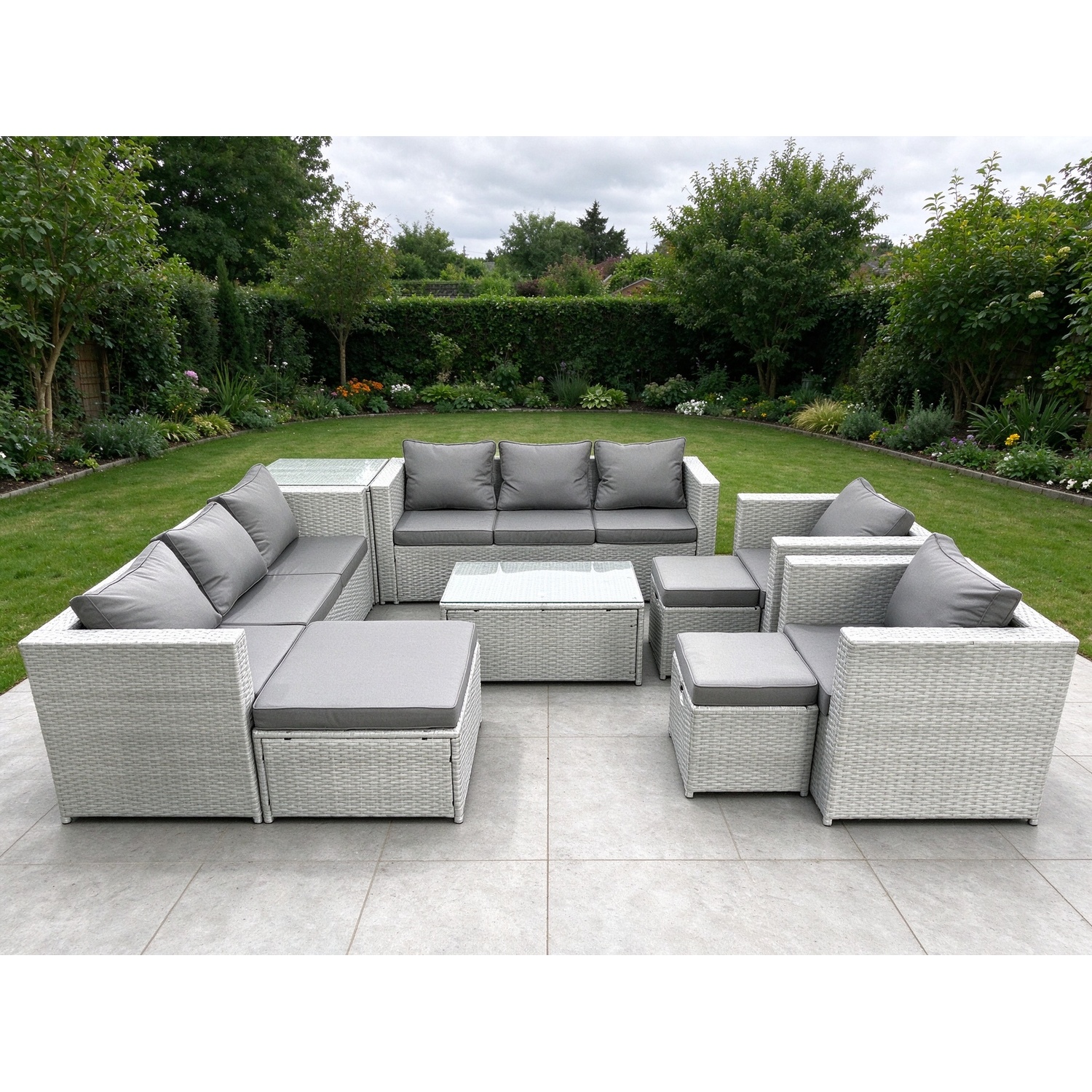 Rackhams Light/Grey Outdoor Rattan Sofa Garden Furniture Set With 2 Armchairs Oblong Coffee Table 3 Footstools Side Table Mixed - Image 2
