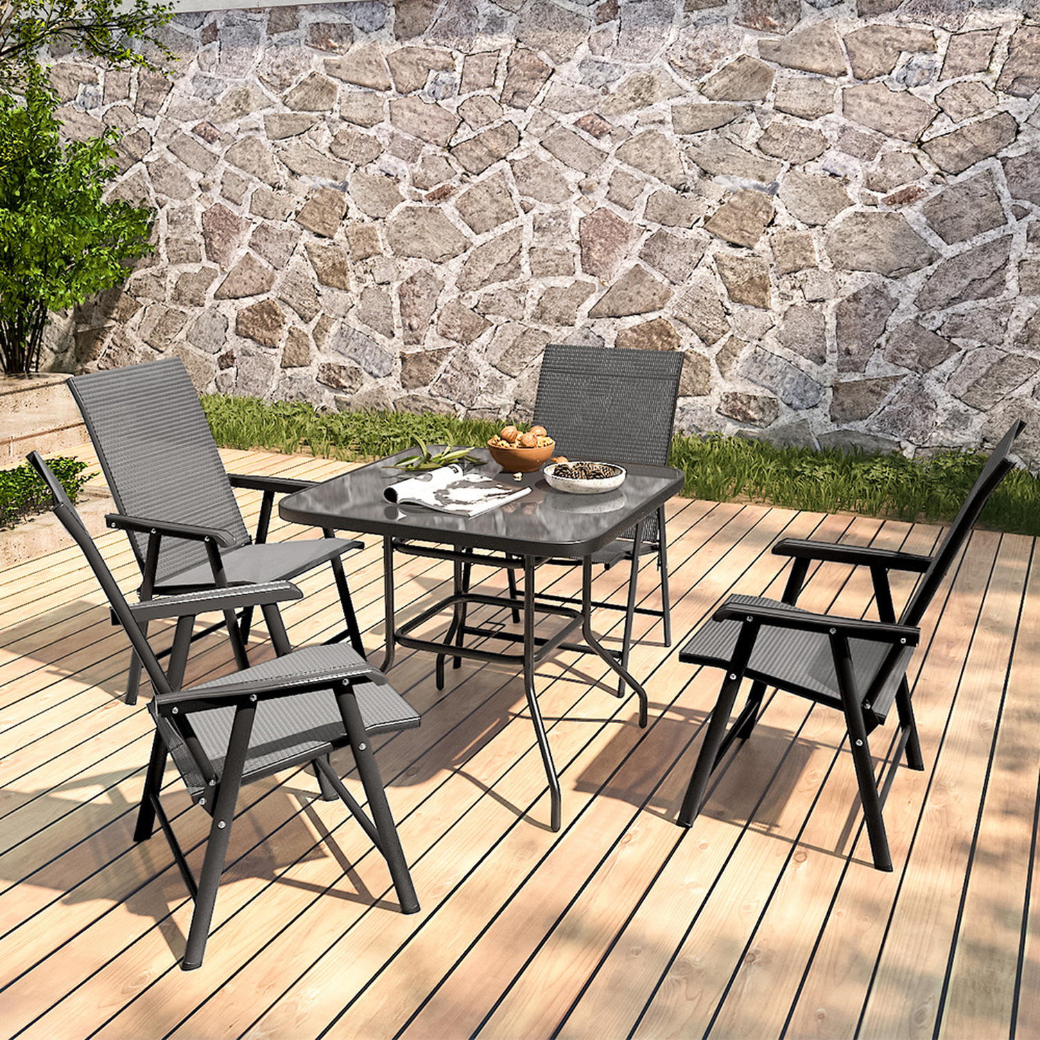 Livingandhome Square Table And Fabric Chair Bistro Set - Black 4 X Chairs And 1 X Table